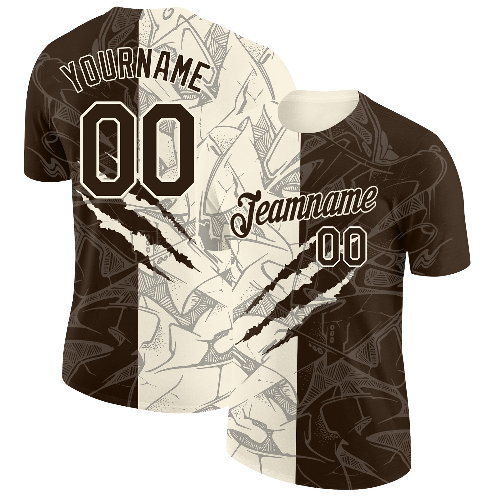 Custom Graffiti Pattern Brown-Cream Scratch 3D Performance T-Shirt