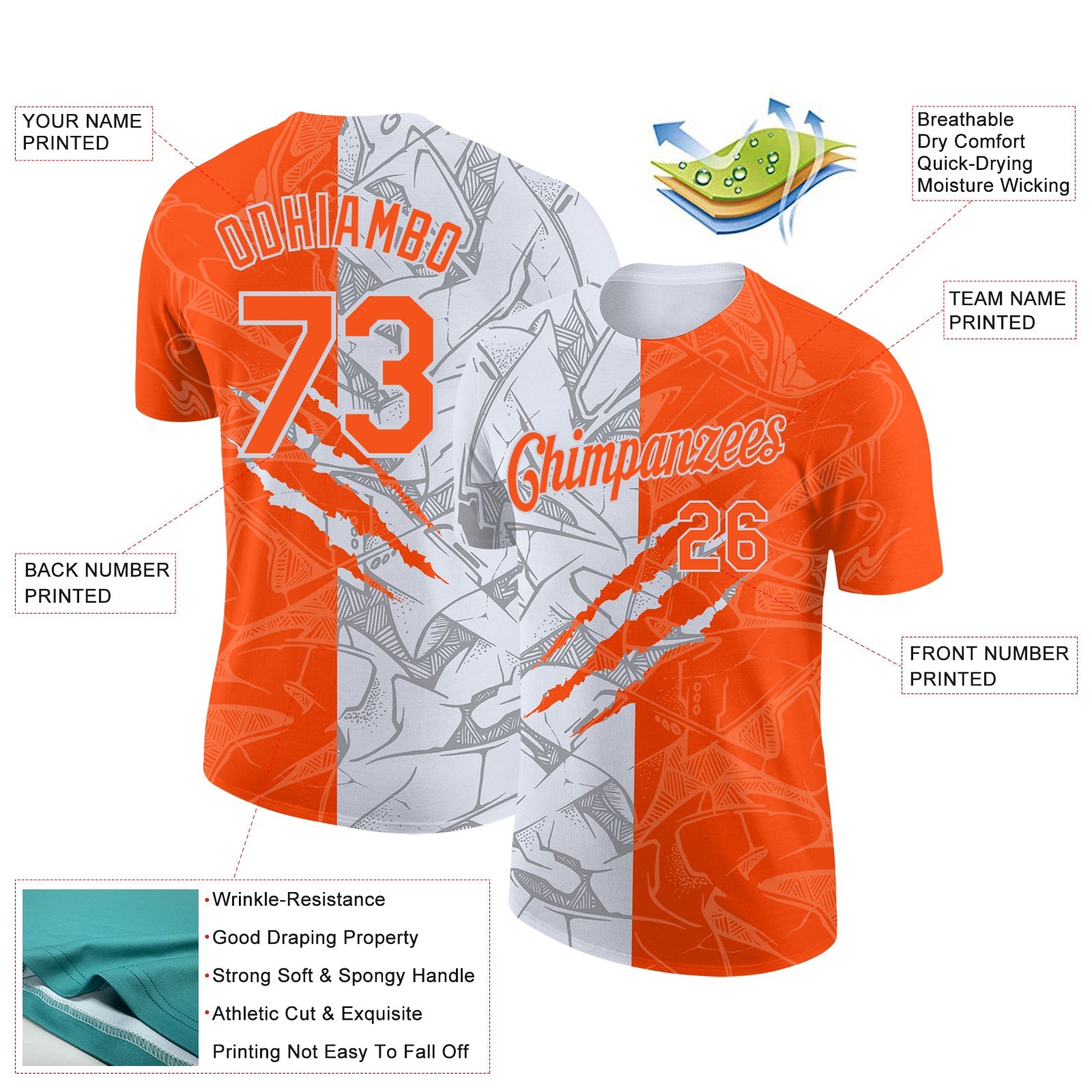Custom Graffiti Pattern Orange-White Scratch 3D Performance T-Shirt