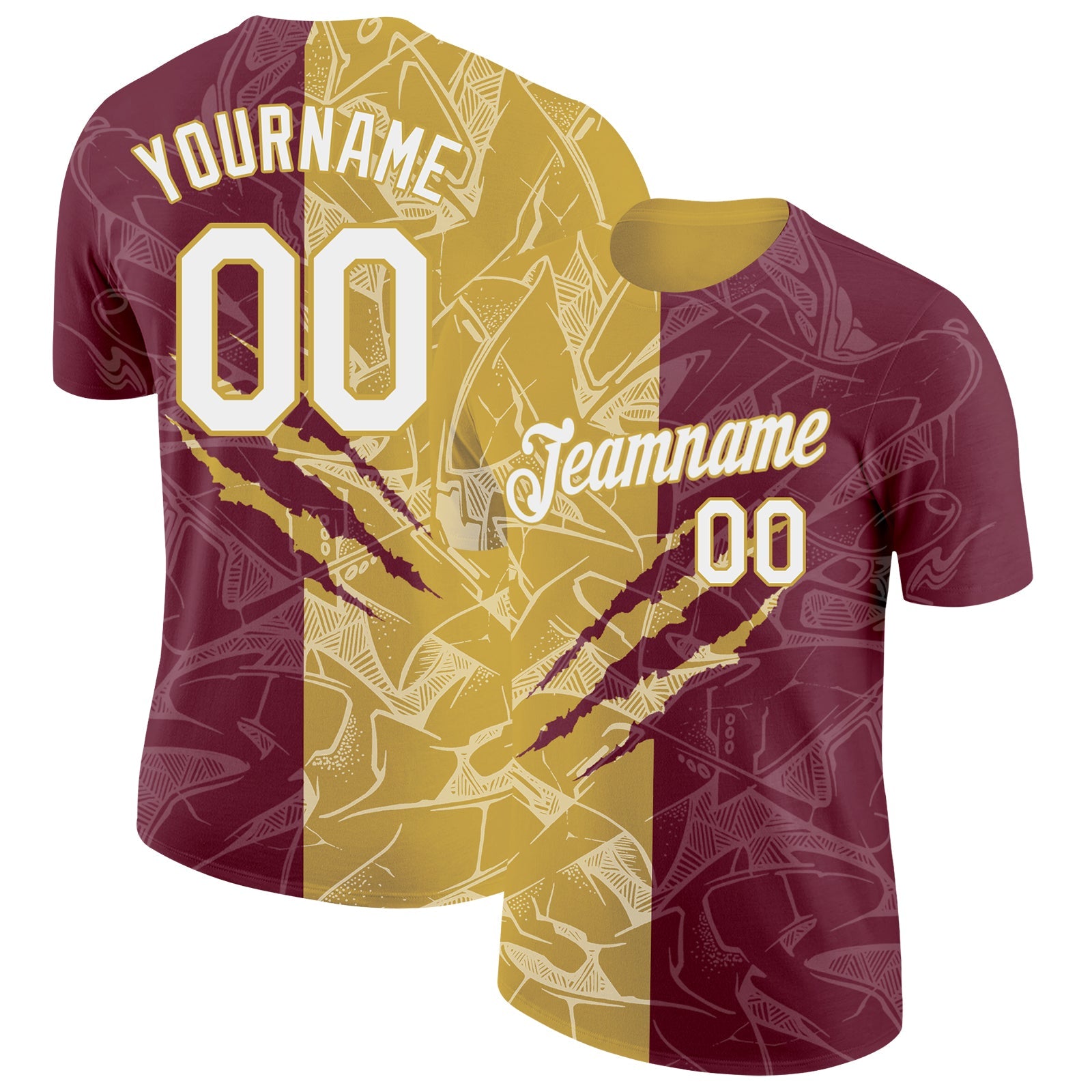 Custom Graffiti Pattern White Burgundy-Old Gold Scratch 3D Performance T-Shirt