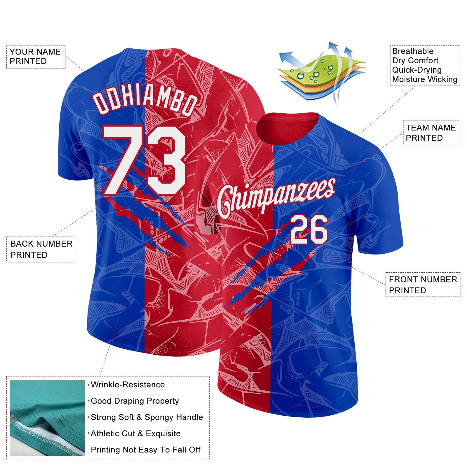 Custom Graffiti Pattern White Thunder Blue-Red Scratch 3D Performance T-Shirt