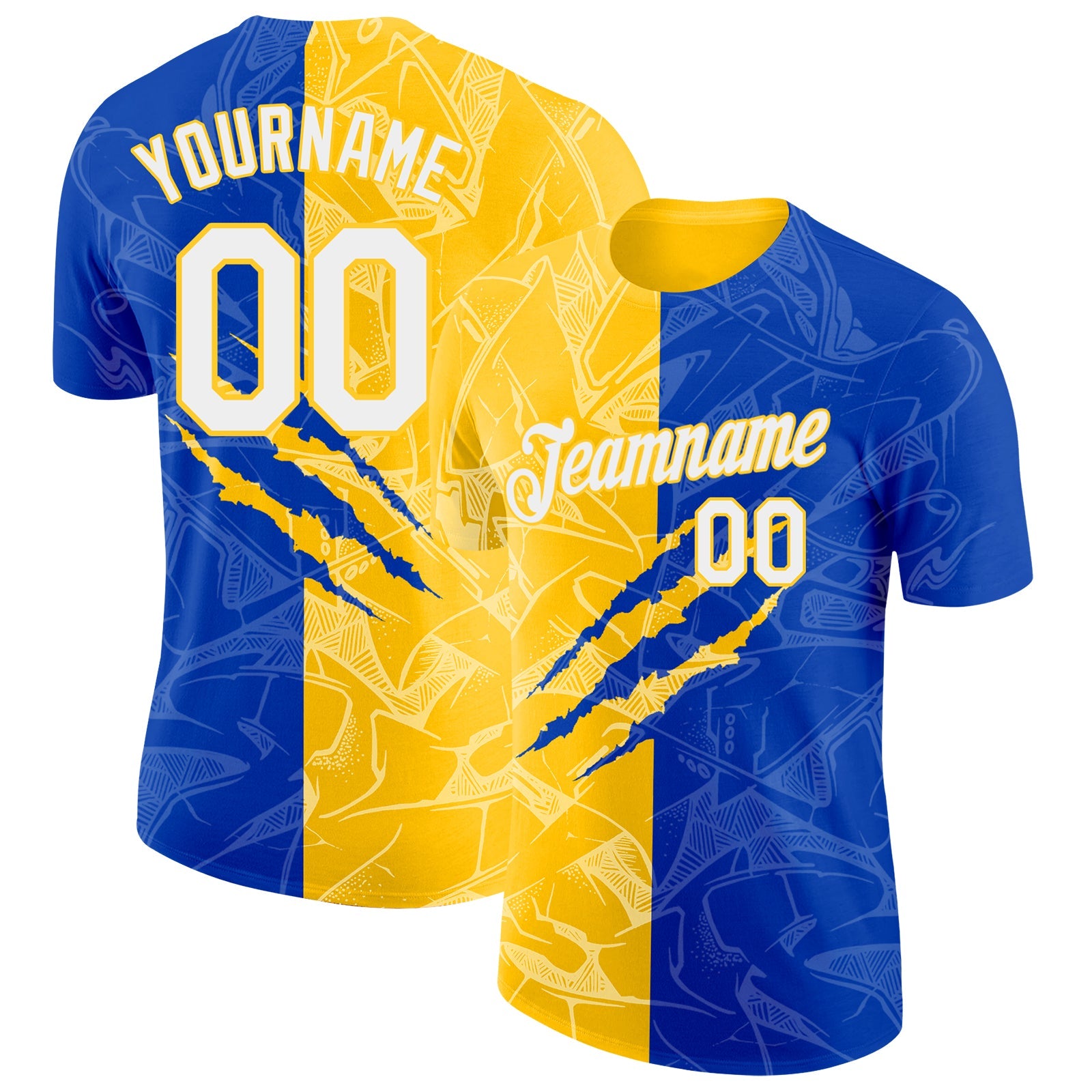 Custom Graffiti Pattern White Thunder Blue-Yellow Scratch 3D Performance T-Shirt