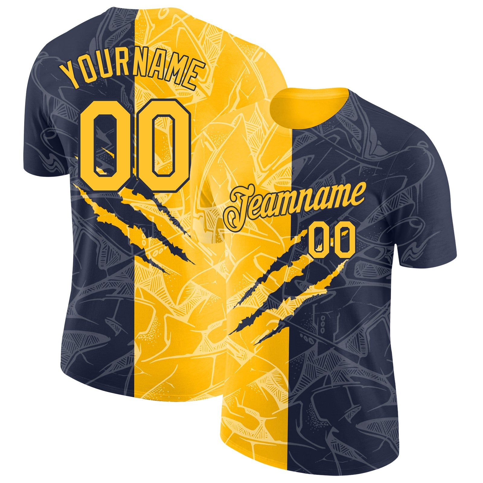 Custom Graffiti Pattern Gold-Navy Scratch 3D Performance T-Shirt