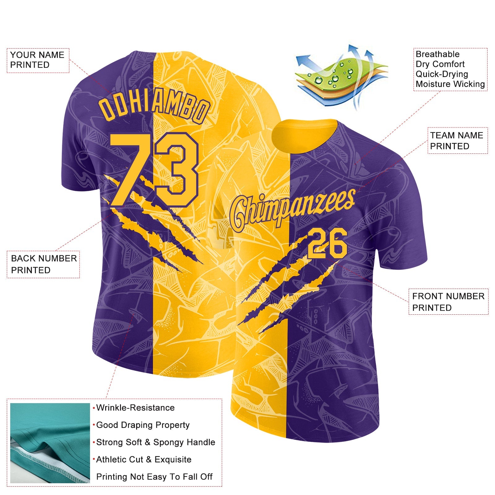 Custom Graffiti Pattern Gold-Purple Scratch 3D Performance T-Shirt