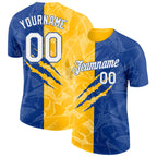 Custom Graffiti Pattern White Royal-Gold Scratch 3D Performance T-Shirt