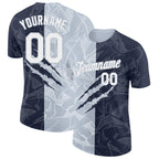 Custom Graffiti Pattern White Navy-Silver Scratch 3D Performance T-Shirt