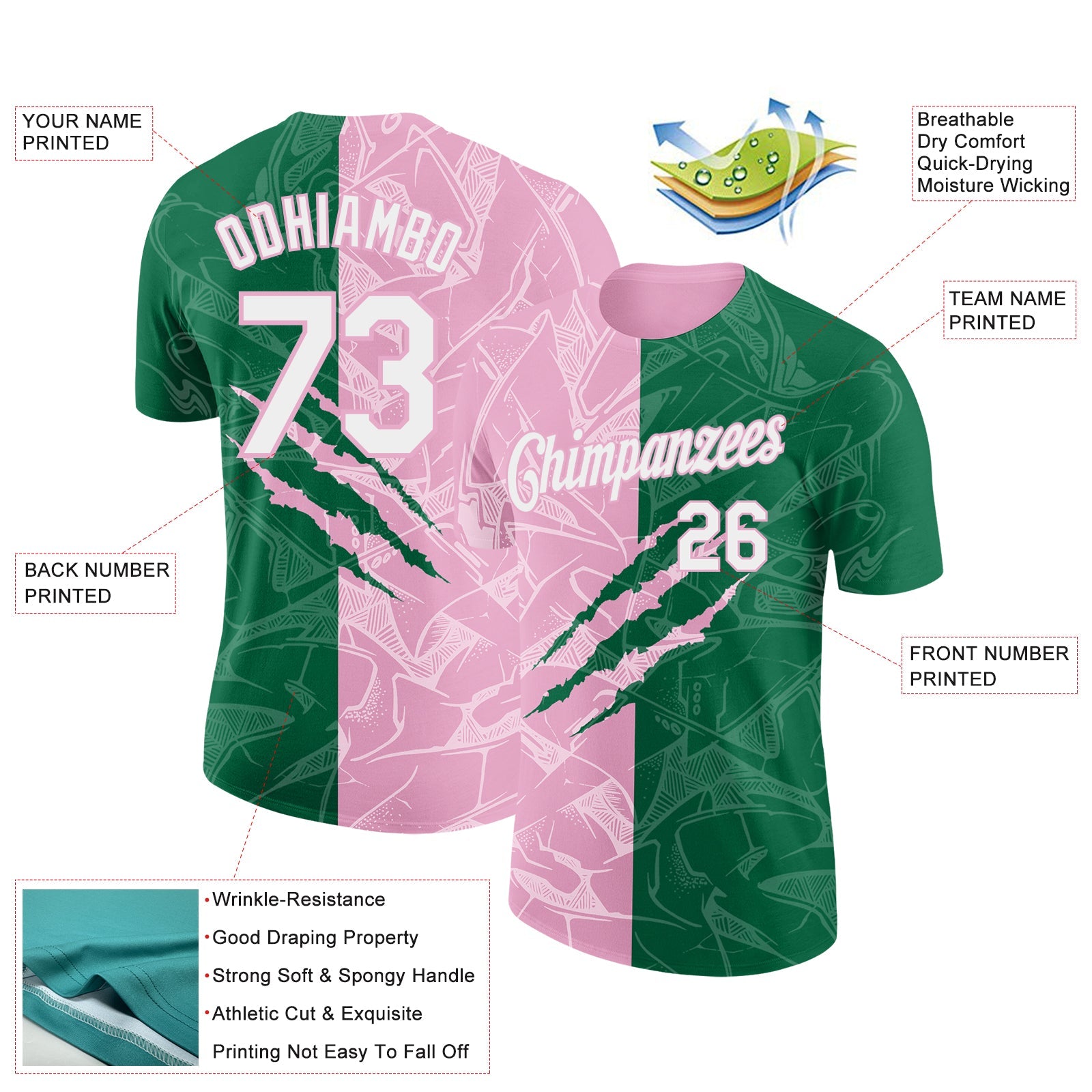 Custom Graffiti Pattern White Kelly Green-Light Pink Scratch 3D Performance T-Shirt