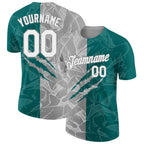 Custom Graffiti Pattern White Teal-Gray Scratch 3D Performance T-Shirt