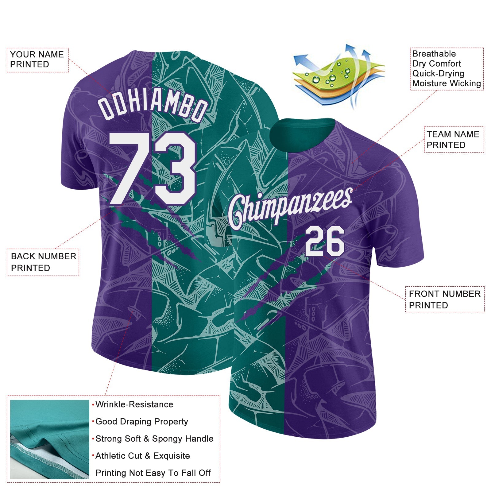 Custom Graffiti Pattern White Purple-Teal Scratch 3D Performance T-Shirt