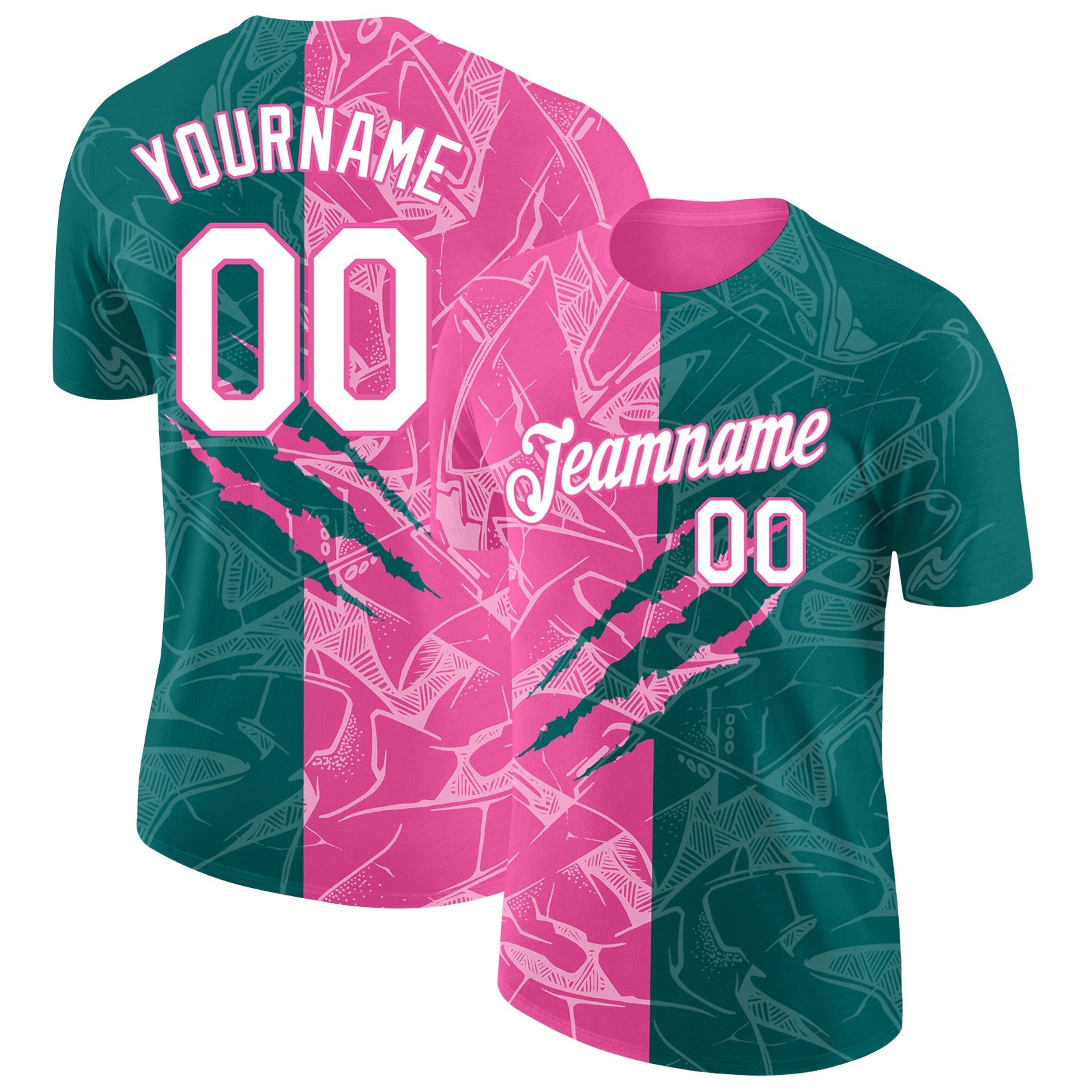 Custom Graffiti Pattern White Teal-Pink Scratch 3D Performance T-Shirt