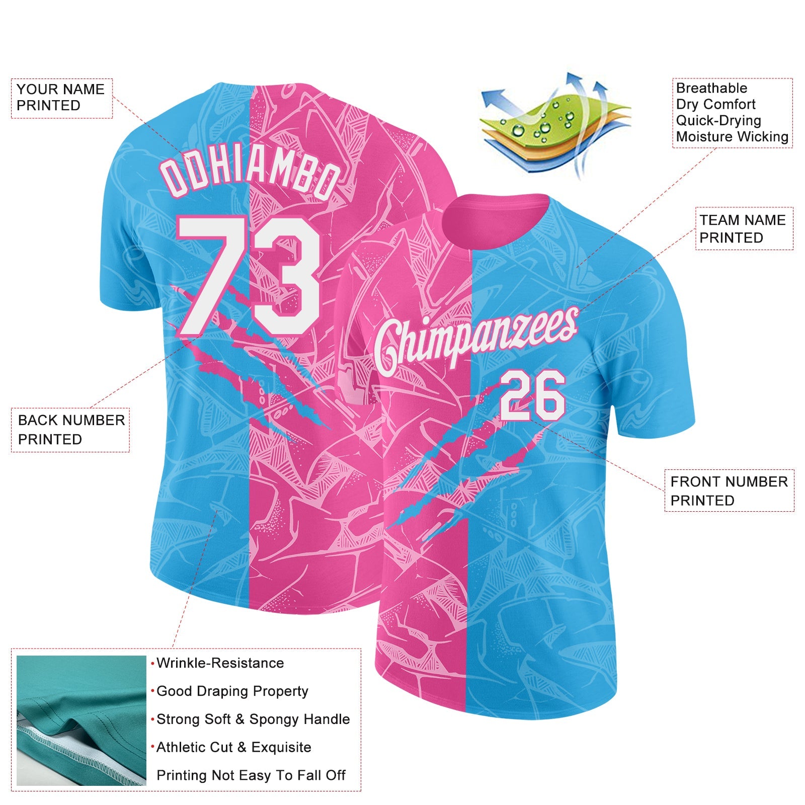 Custom Graffiti Pattern White Sky Blue-Pink Scratch 3D Performance T-Shirt