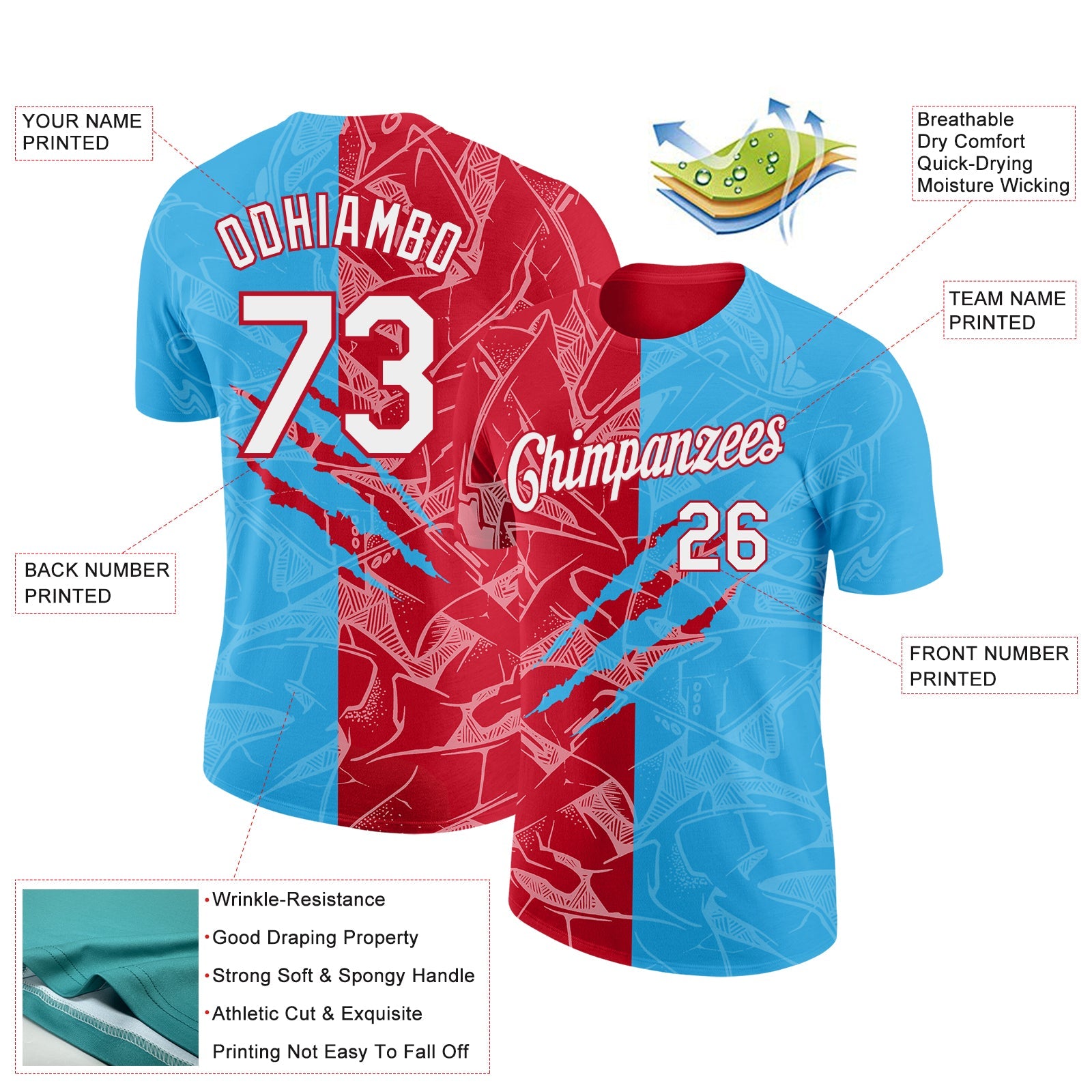 Custom Graffiti Pattern White Sky Blue-Red Scratch 3D Performance T-Shirt