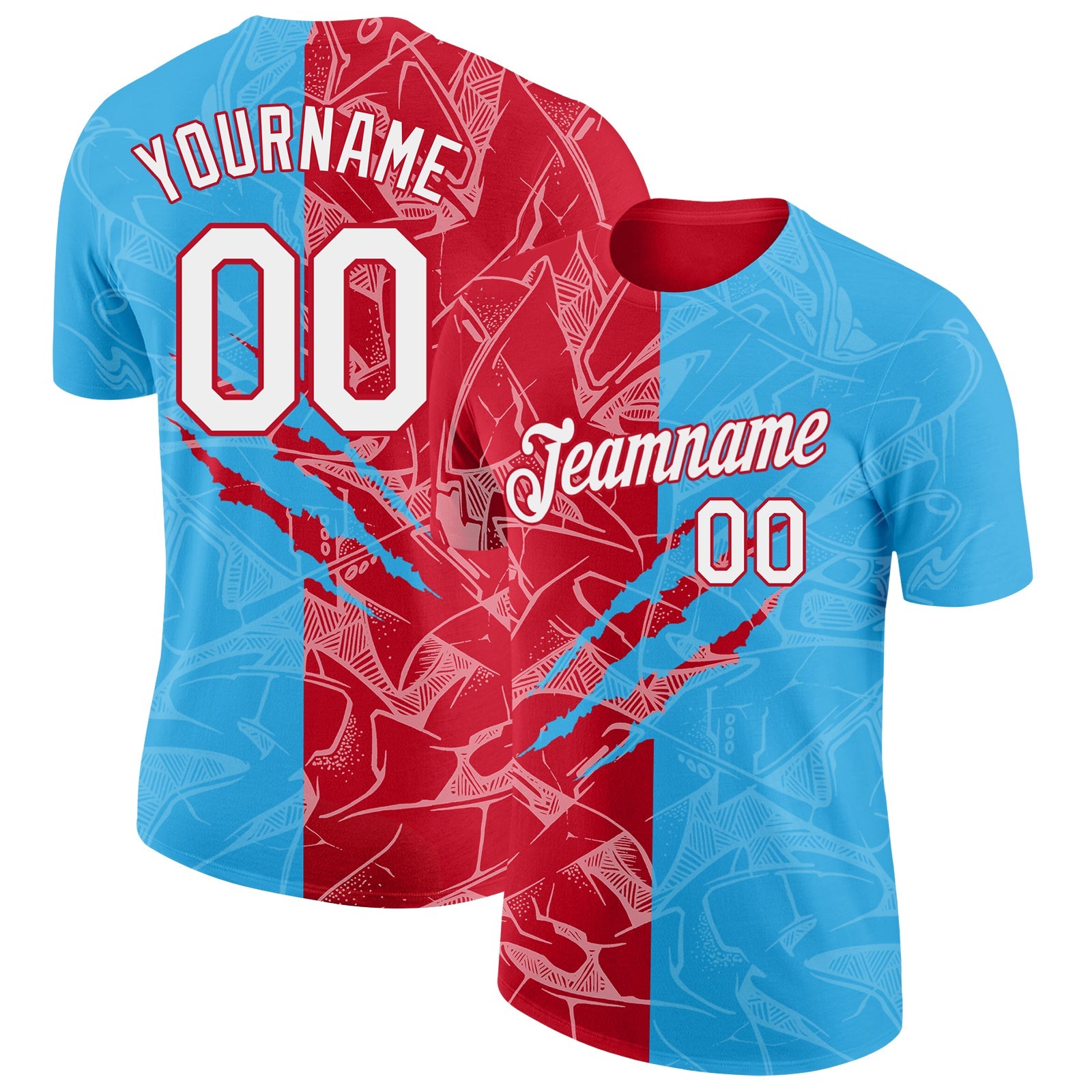 Custom Graffiti Pattern White Sky Blue-Red Scratch 3D Performance T-Shirt