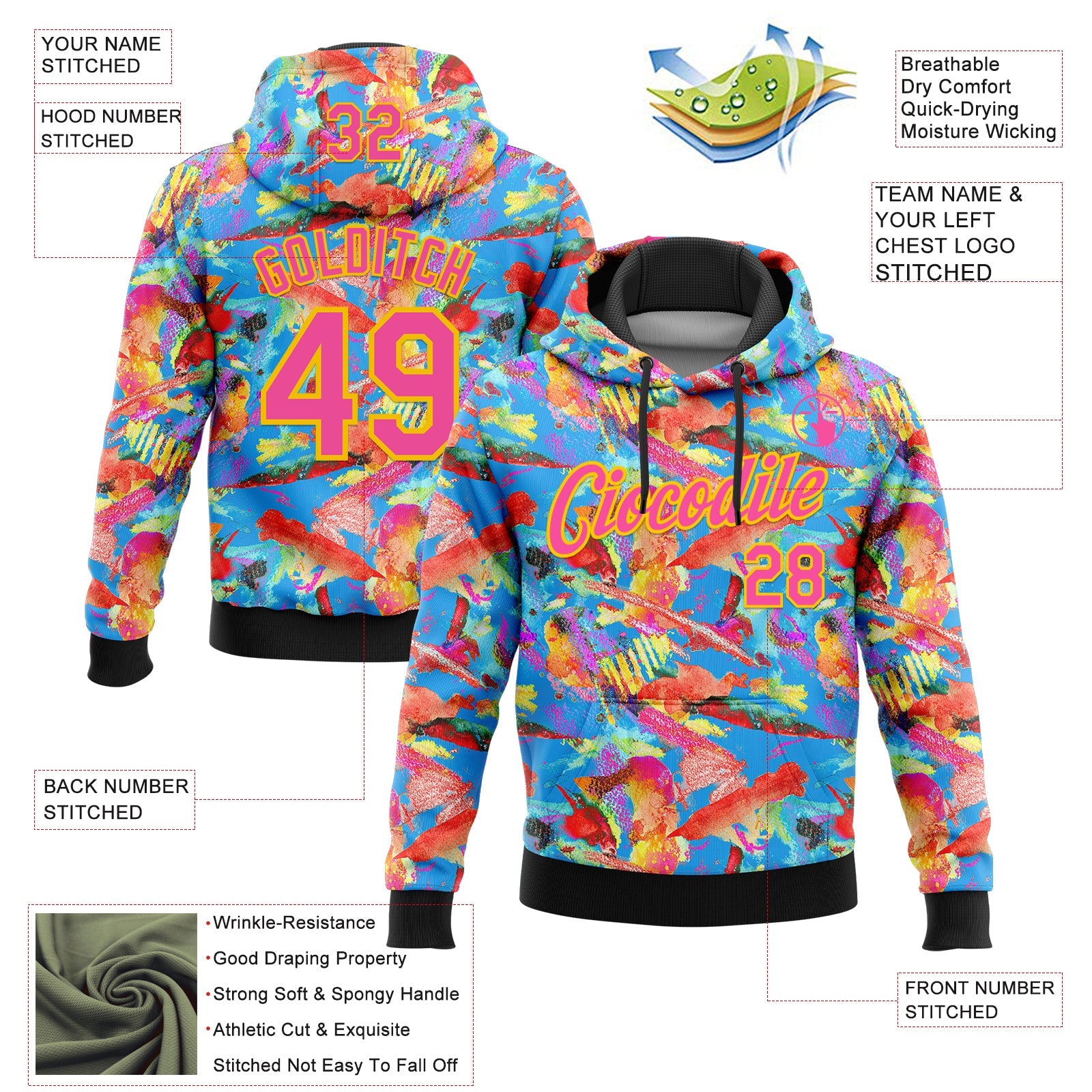 Custom Stitched Graffiti Pattern Hot Pink Black-Yellow 3D Watercolor Grunge Art Sports Pullover Sweatshirt Hoodie