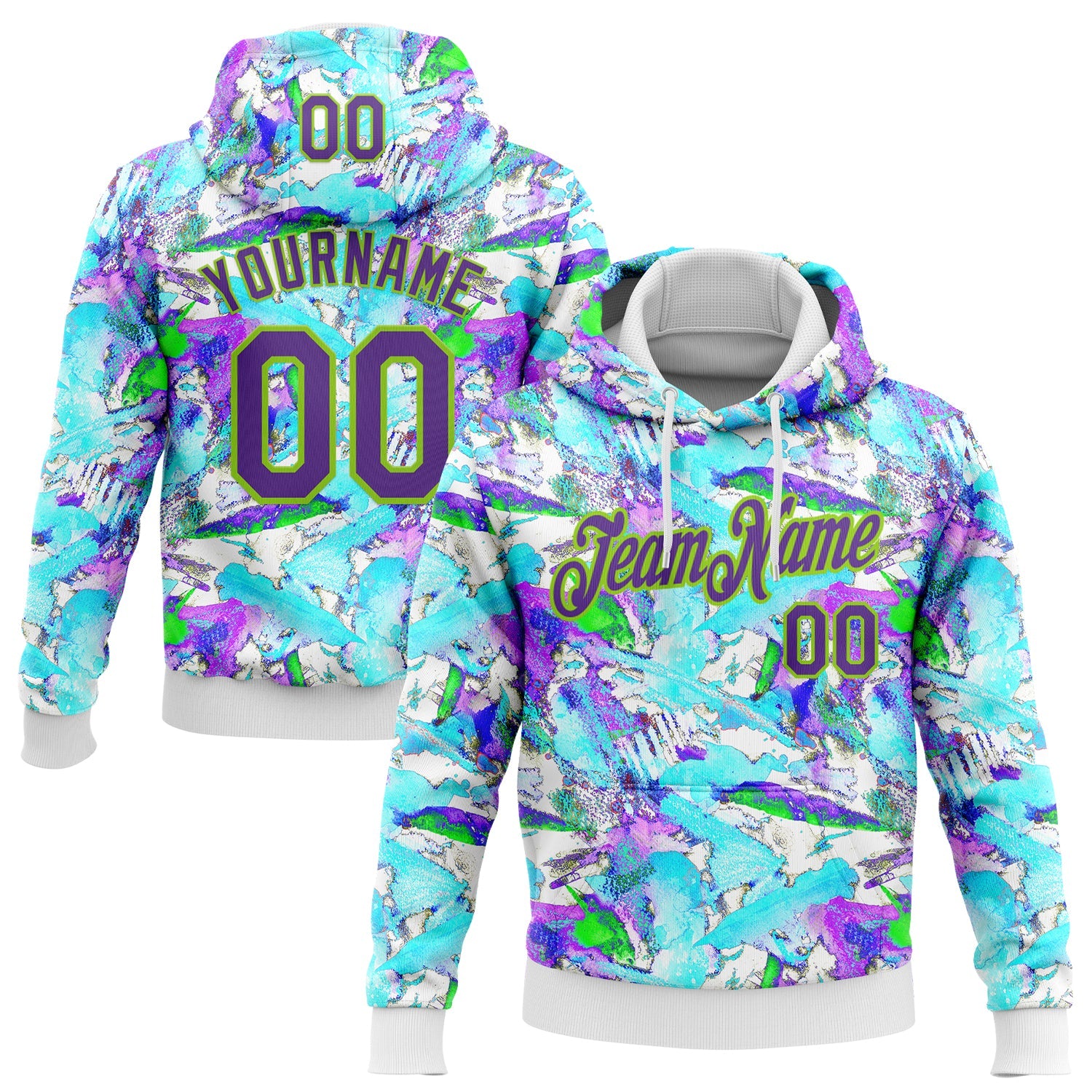 Custom Stitched Graffiti Pattern Purple-Neon Green 3D Watercolor Grunge Art Sports Pullover Sweatshirt Hoodie