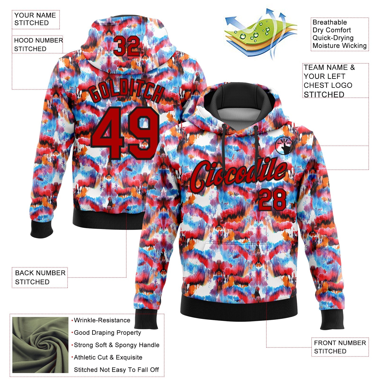 Custom Stitched Graffiti Pattern Red-Black 3D Watercolor Grunge Art Sports Pullover Sweatshirt Hoodie