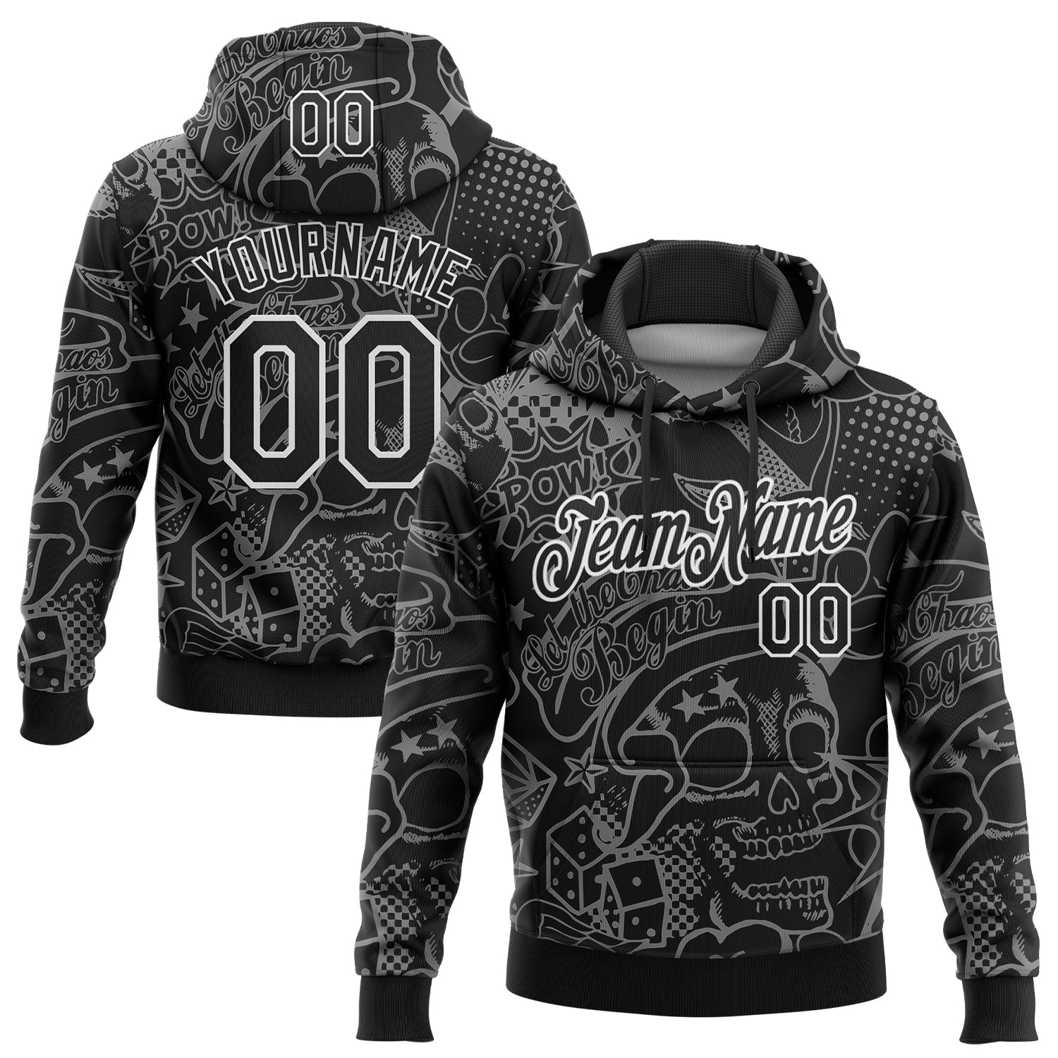 Custom Stitched Graffiti Pattern Black-White 3D Skull Fashion Sports Pullover Sweatshirt Hoodie