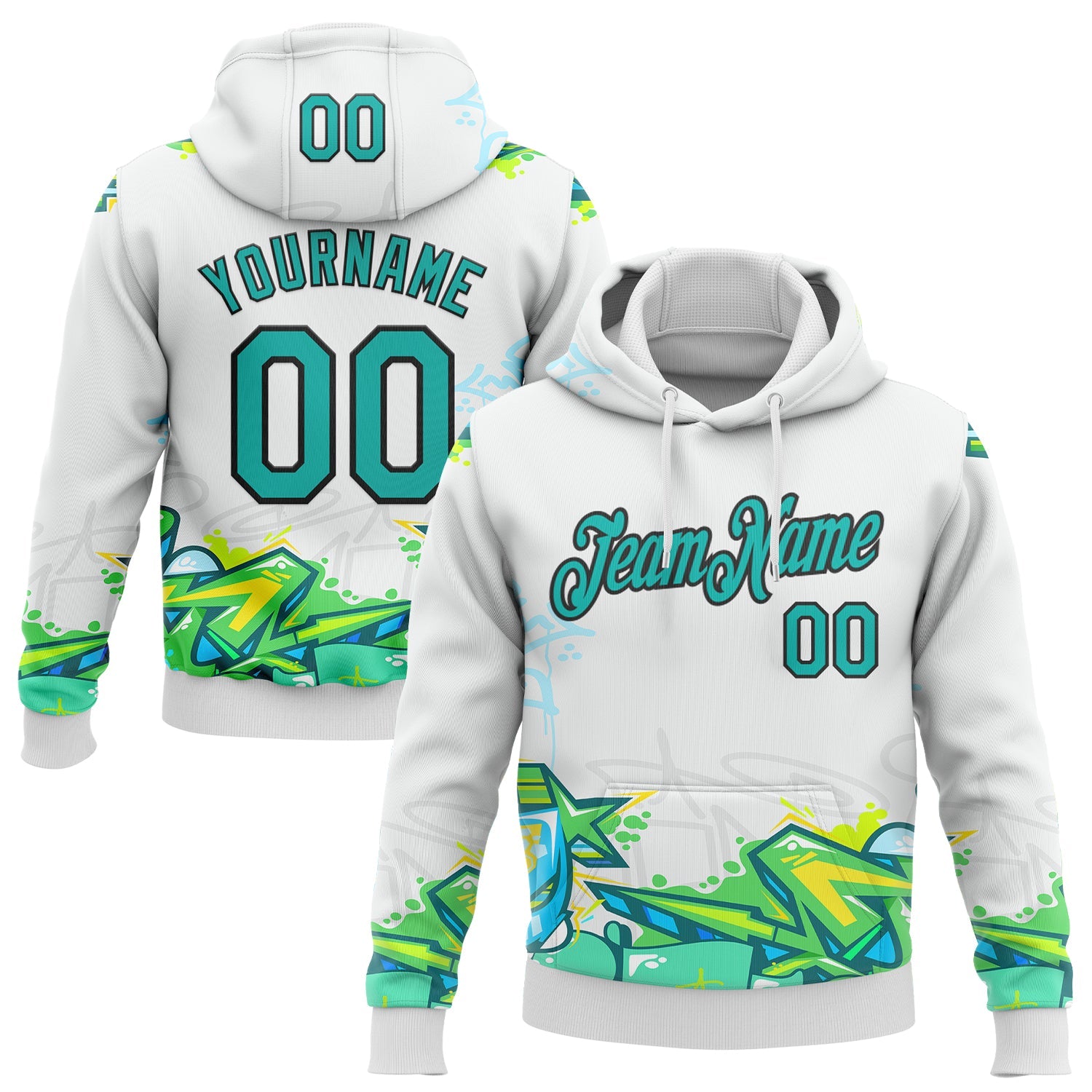 Custom Stitched Graffiti Pattern Aqua-Black 3D Trendy Abstract Urban Street Art Sports Pullover Sweatshirt Hoodie