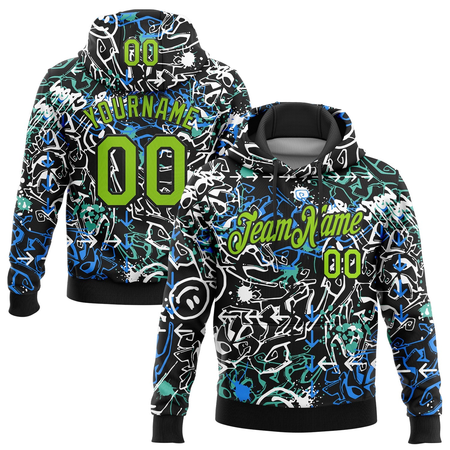 Custom Stitched Graffiti Pattern Neon Green-Black 3D Abstract Grunge Art Sports Pullover Sweatshirt Hoodie