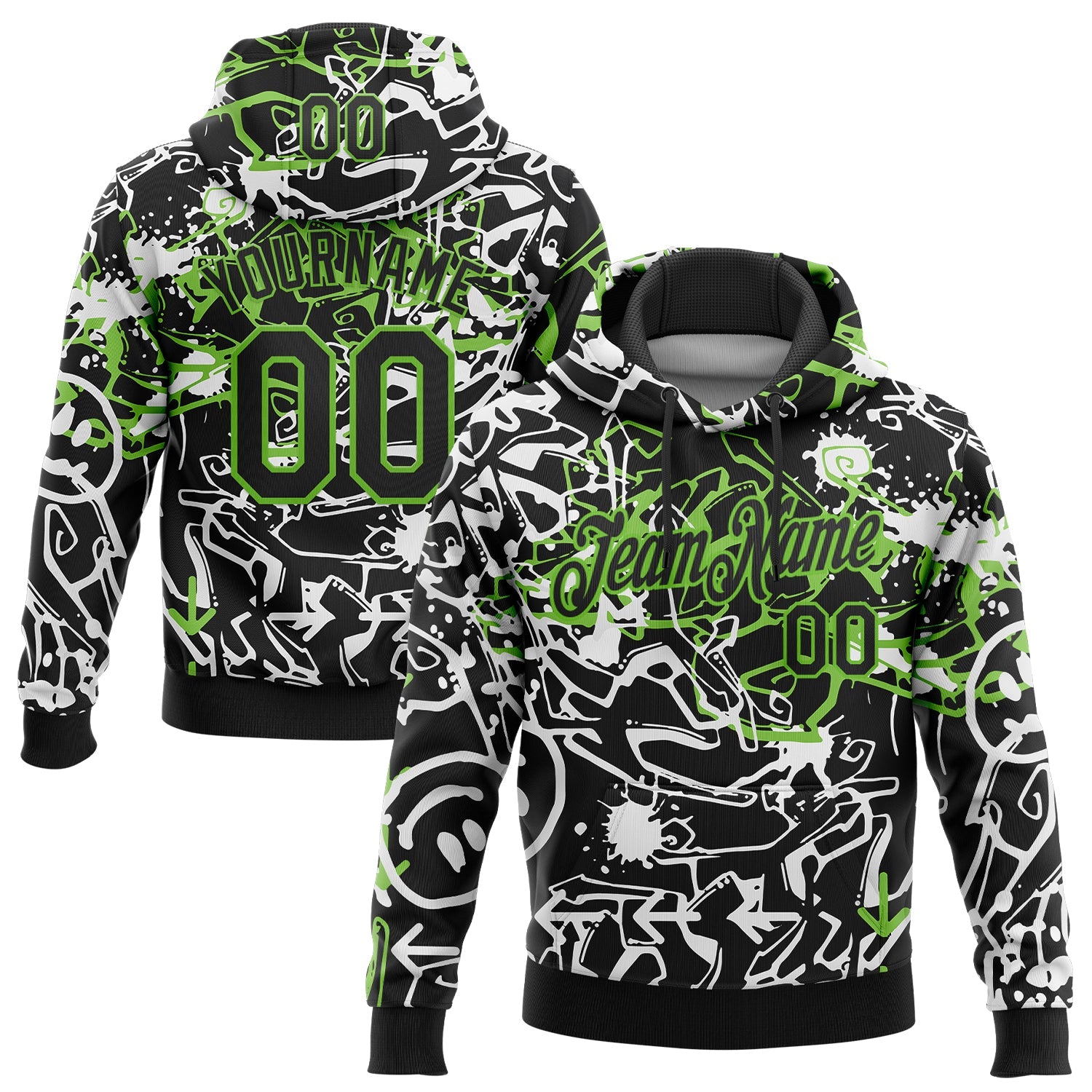 Custom Stitched Graffiti Pattern Black-Aurora Green 3D Abstract Grunge Art Sports Pullover Sweatshirt Hoodie