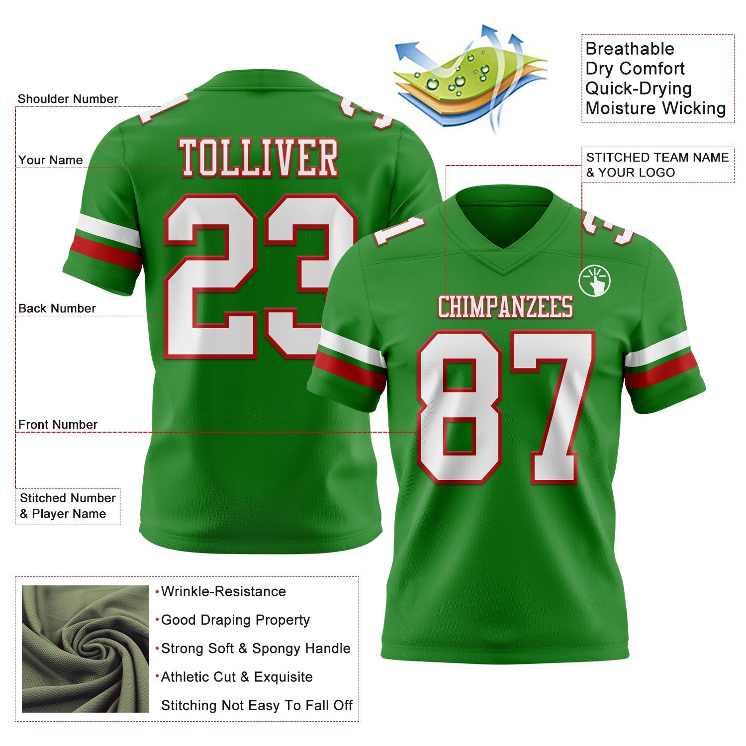 Custom Grass Green White-Red Authentic Football Jersey