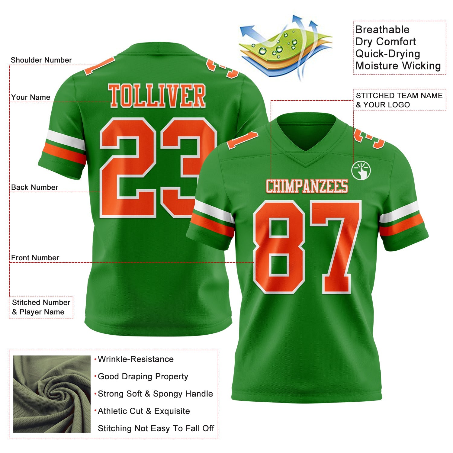 Custom Grass Green Orange-White Authentic Football Jersey