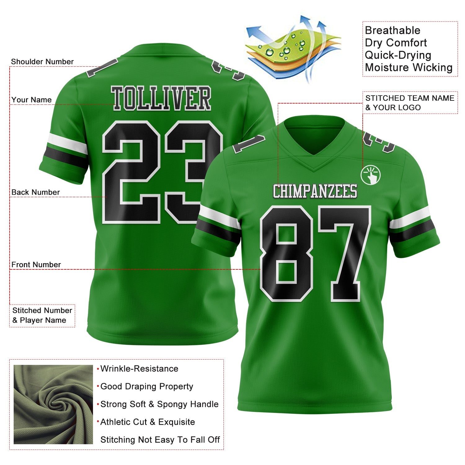 Custom Grass Green Black-White Authentic Football Jersey