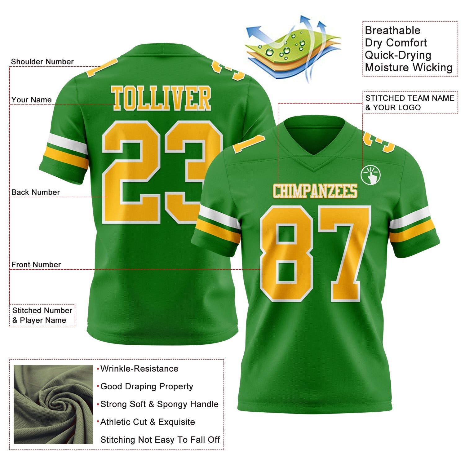 Custom Grass Green Gold-White Authentic Football Jersey