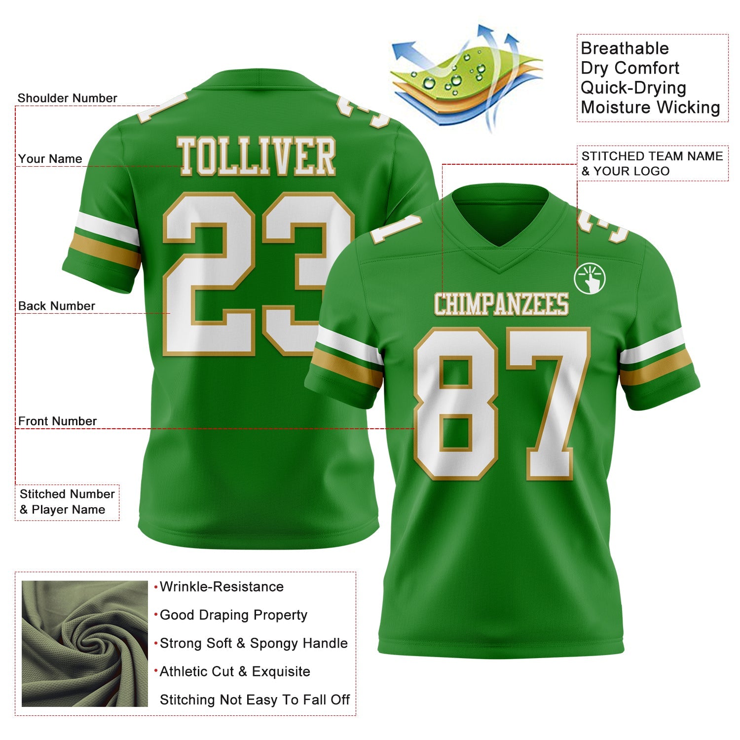 Custom Grass Green White-Old Gold Authentic Football Jersey