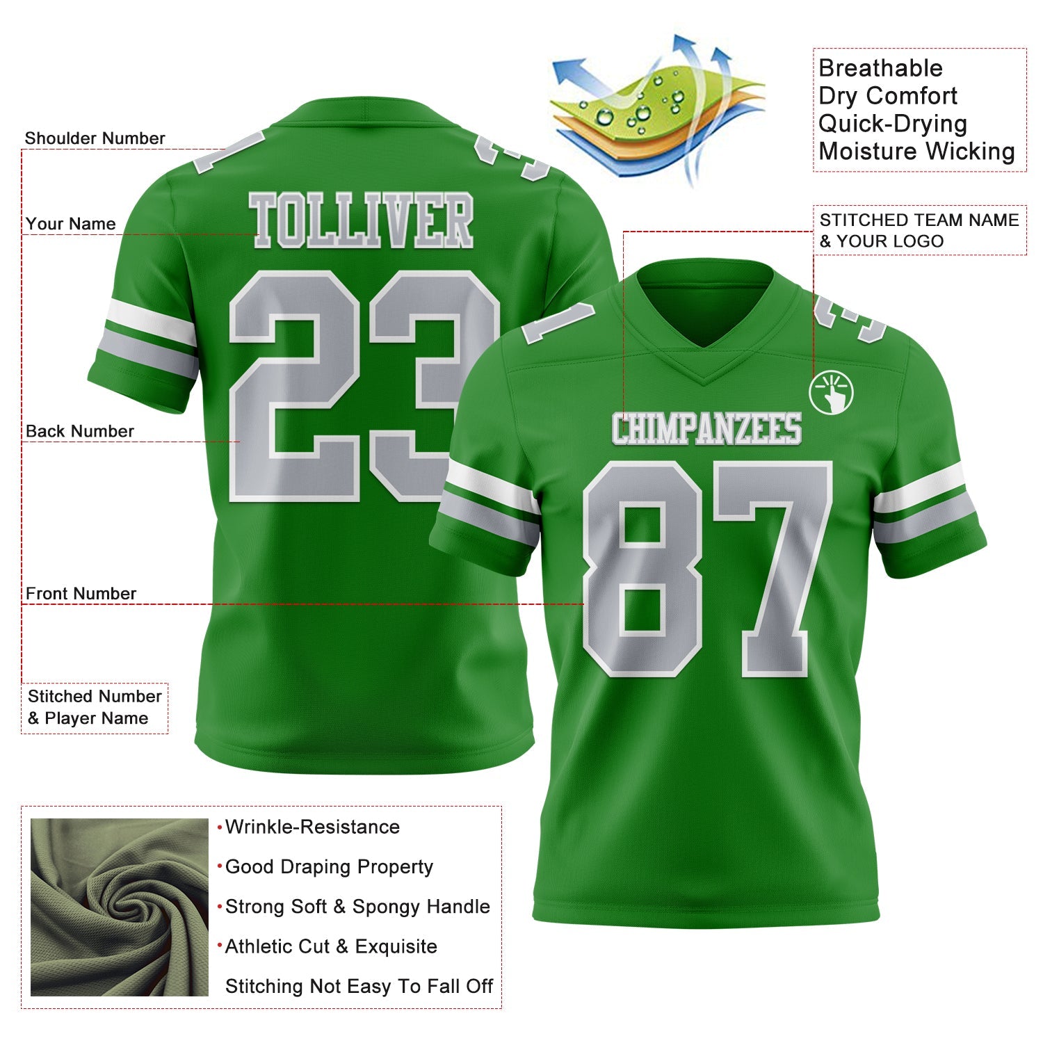 Custom Grass Green Gray-White Authentic Football Jersey