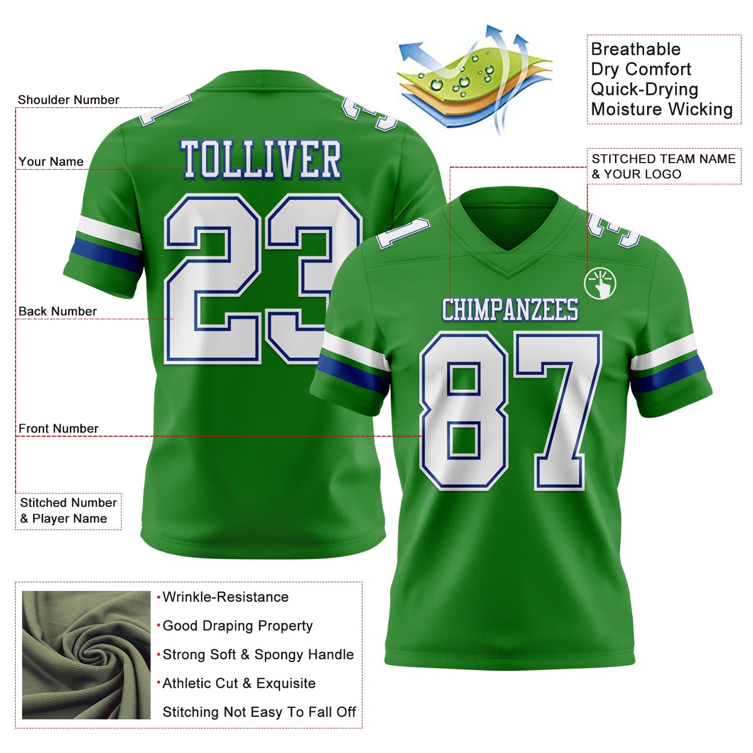 Custom Grass Green White-Royal Authentic Football Jersey