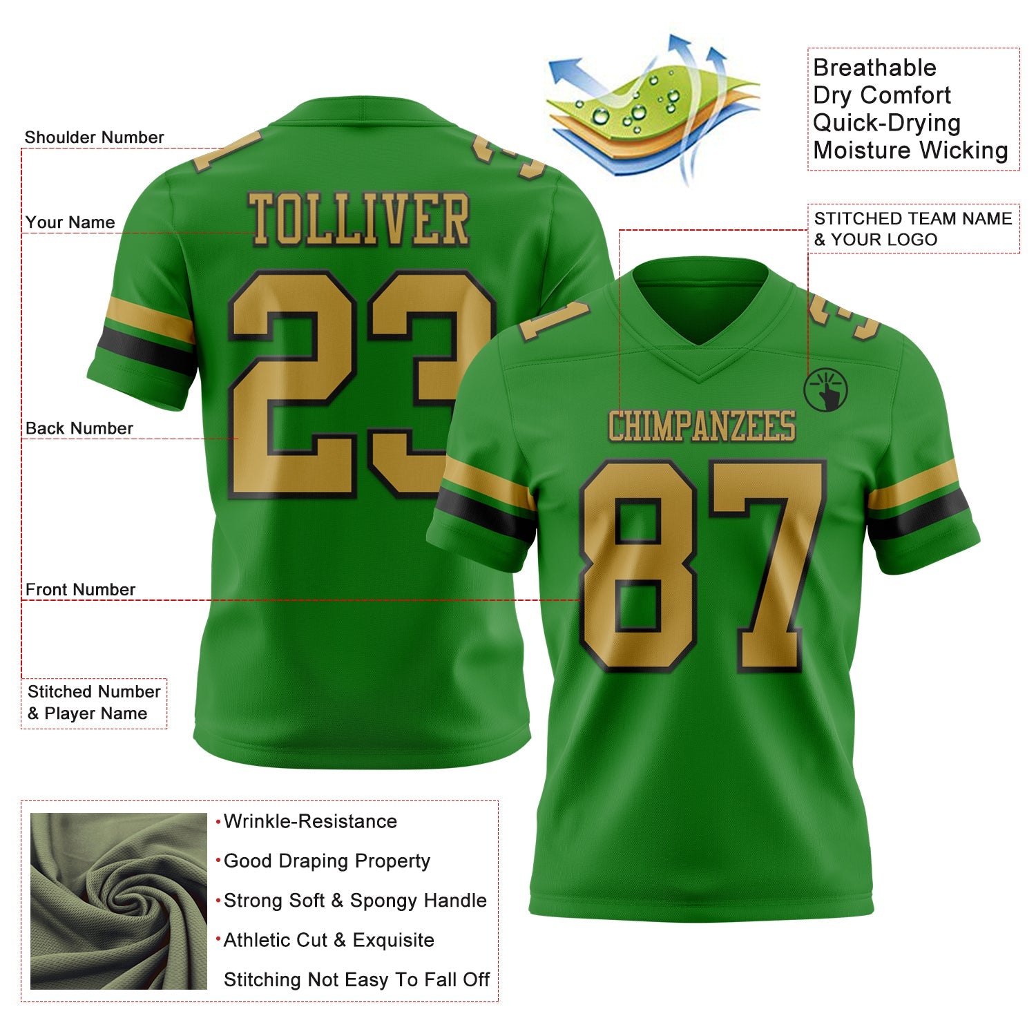 Custom Grass Green Old Gold-Black Authentic Football Jersey