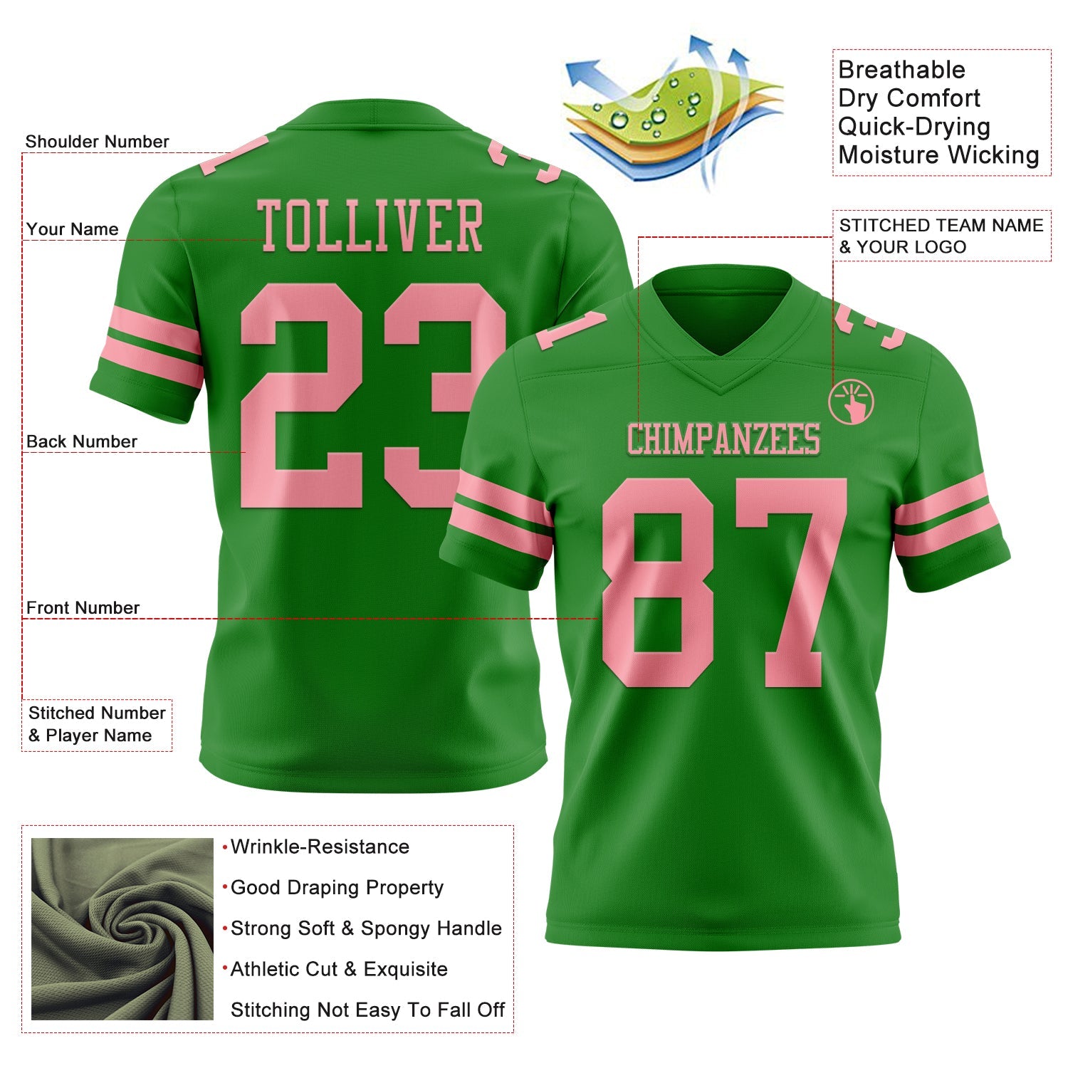 Custom Grass Green Medium Pink Authentic Football Jersey