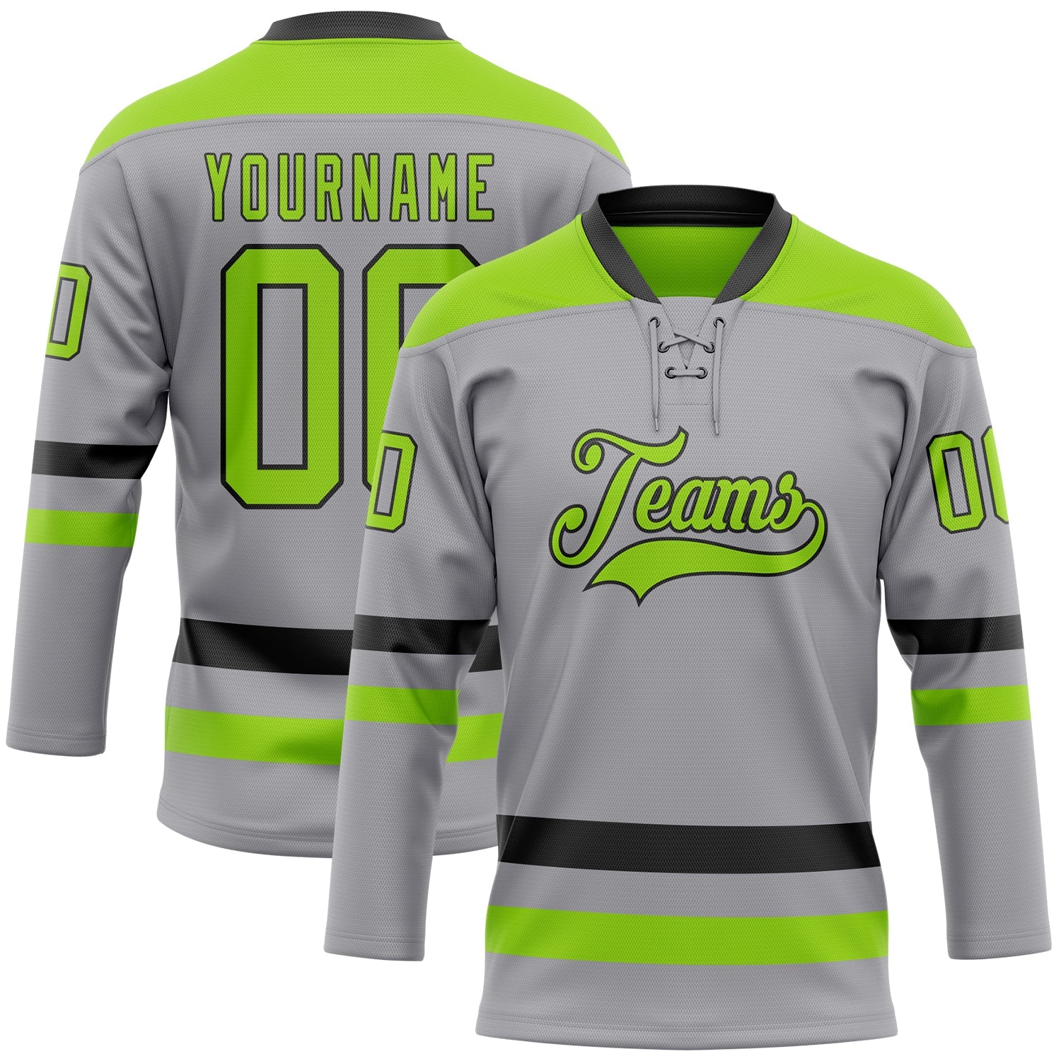 Custom Gray Neon Green-Black Hockey Lace Neck Jersey