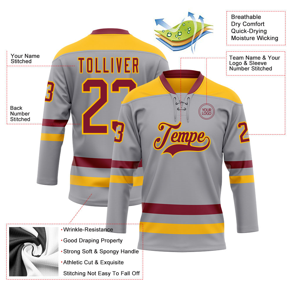 Custom Gray Crimson-Gold Hockey Lace Neck Jersey