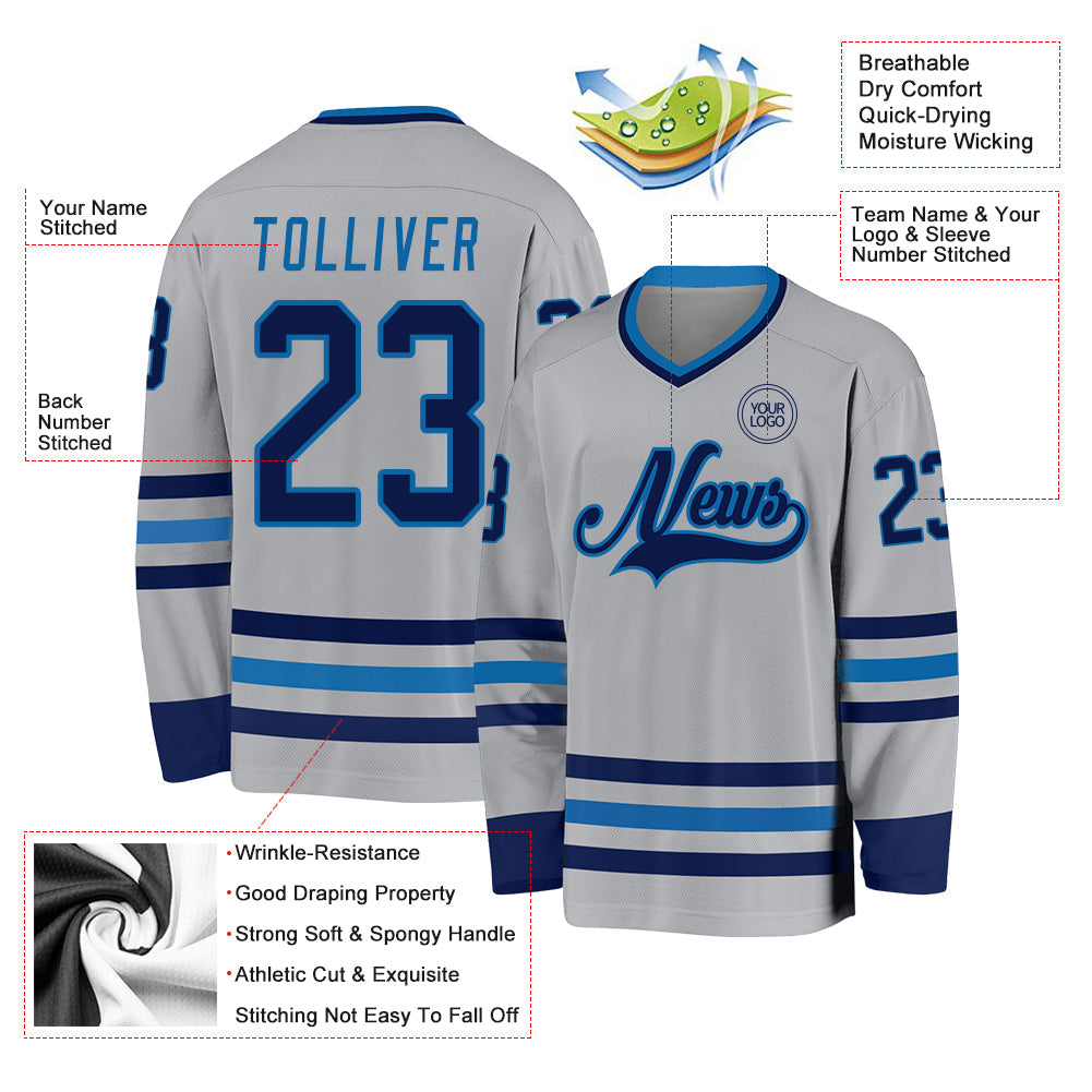 Custom Gray Navy-Blue Hockey Jersey