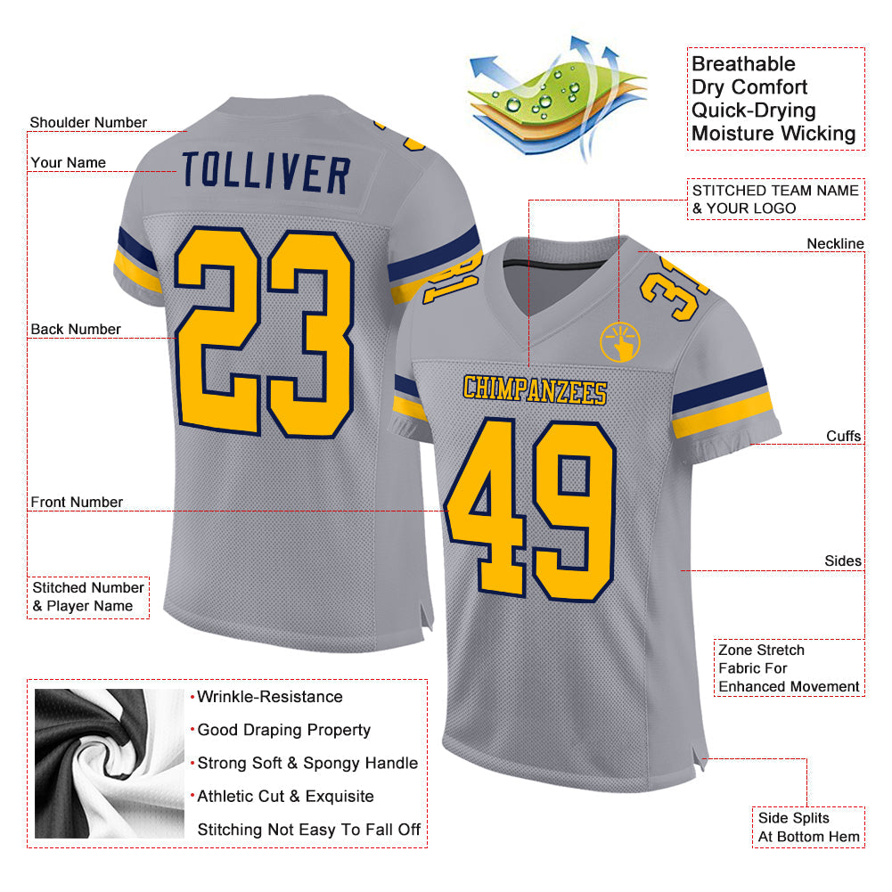 Custom Gray Gold-White Mesh Authentic Football Jersey