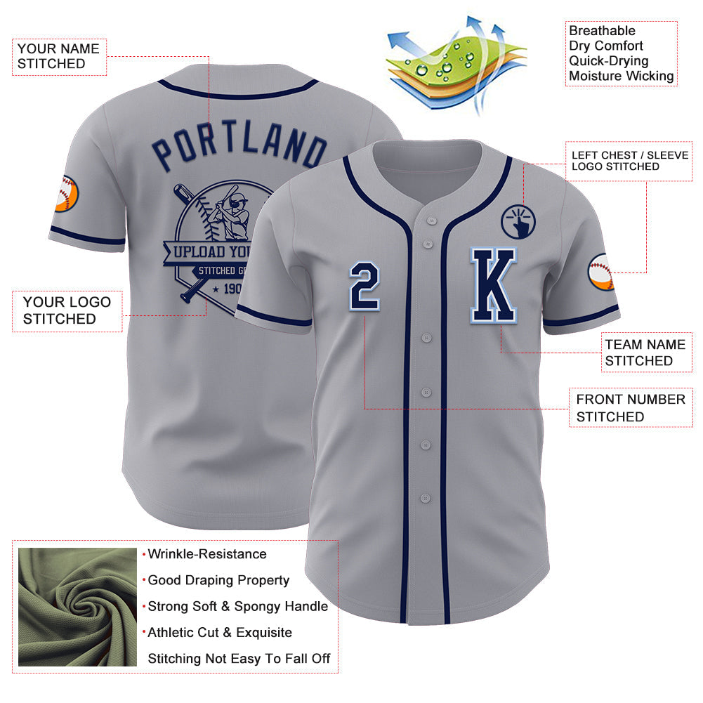 Custom Gray Navy-Light Blue Authentic Baseball Jersey