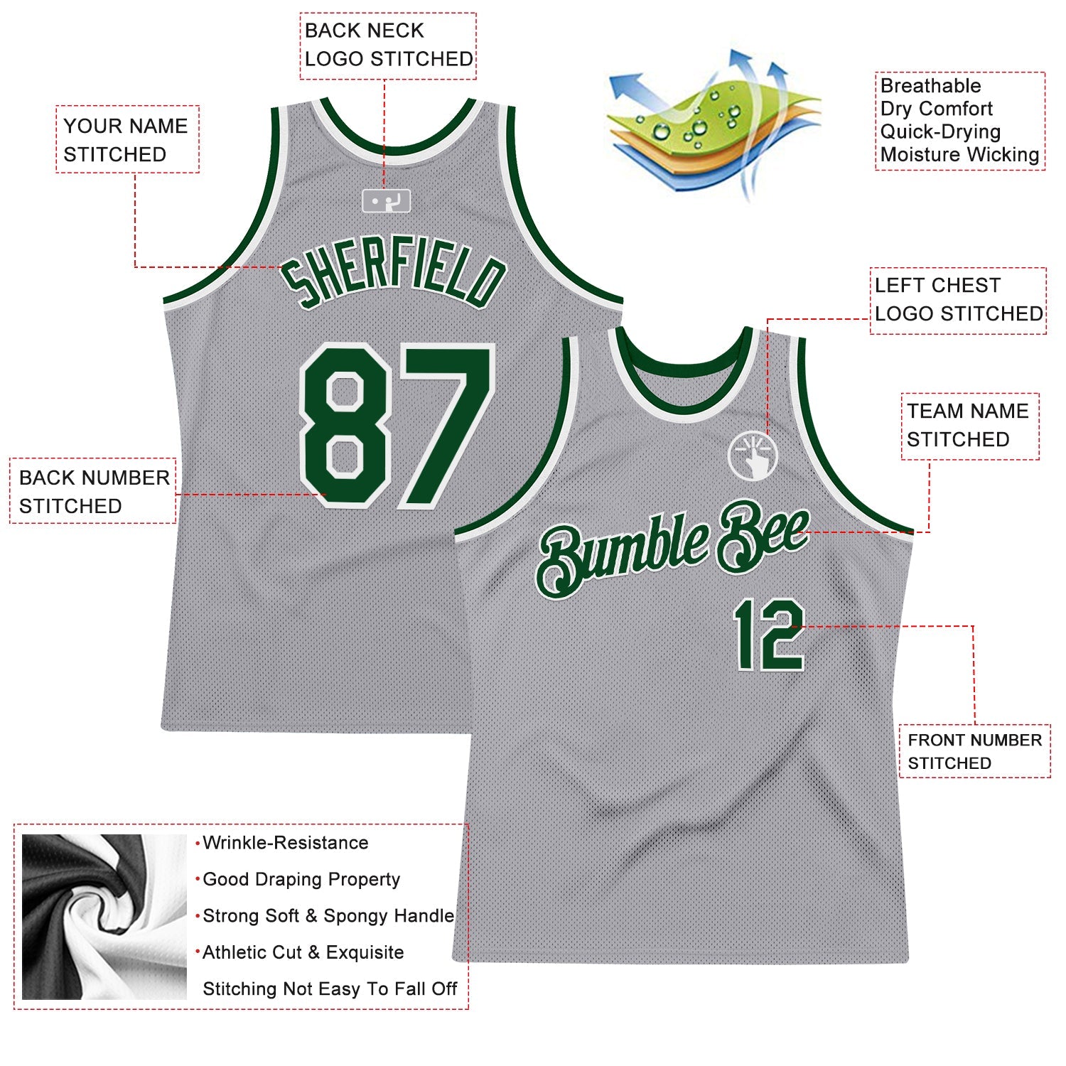 Custom Gray Green-White Authentic Throwback Basketball Jersey