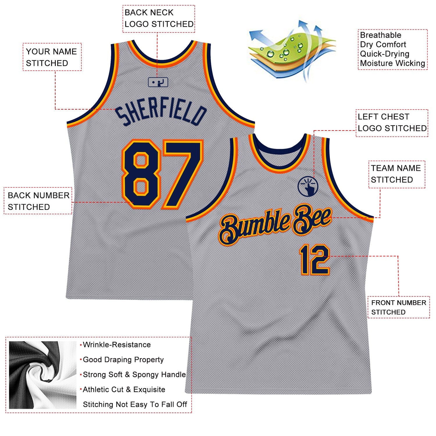 Custom Gray Navy Gold-Orange Authentic Throwback Basketball Jersey