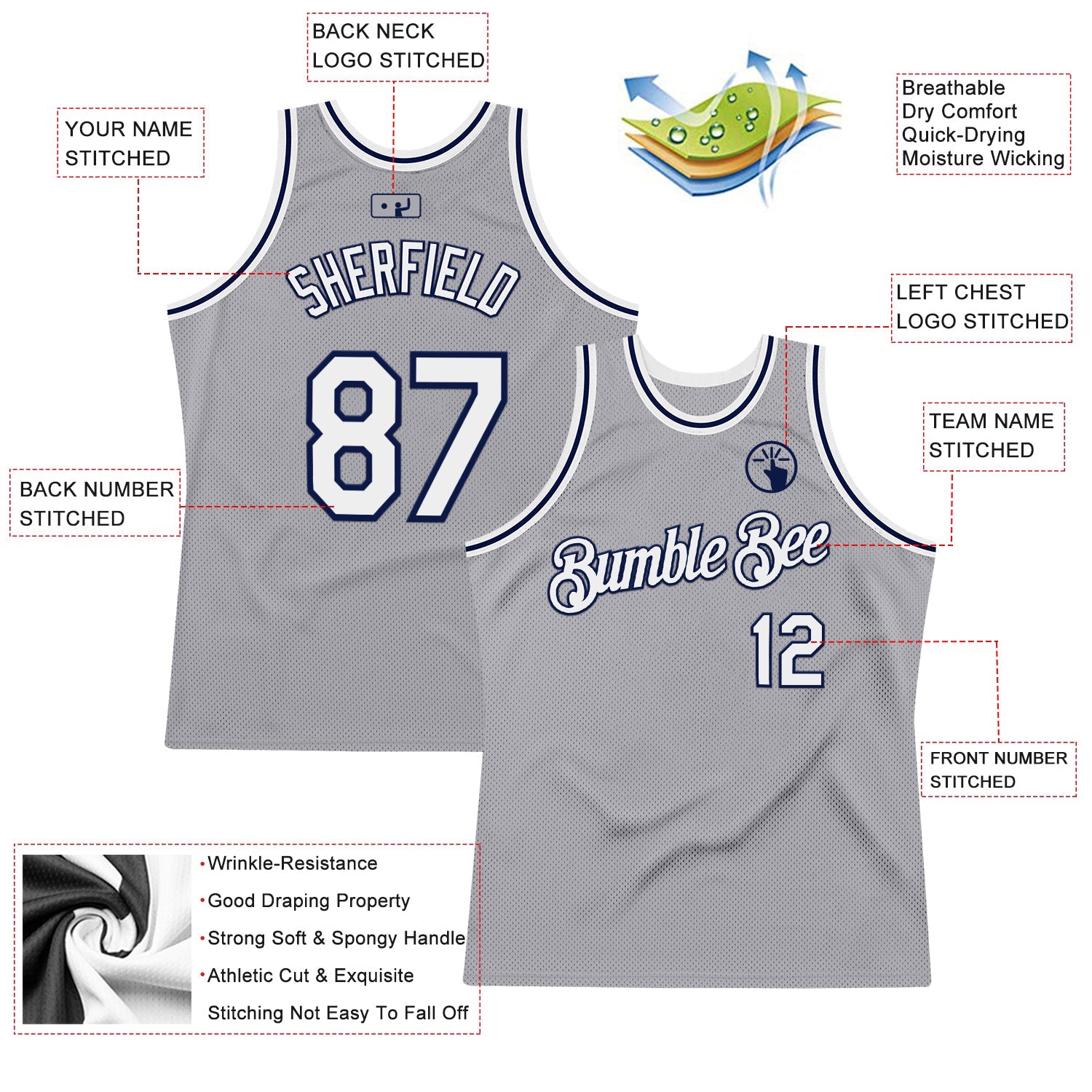 Custom Gray White-Navy Authentic Throwback Basketball Jersey