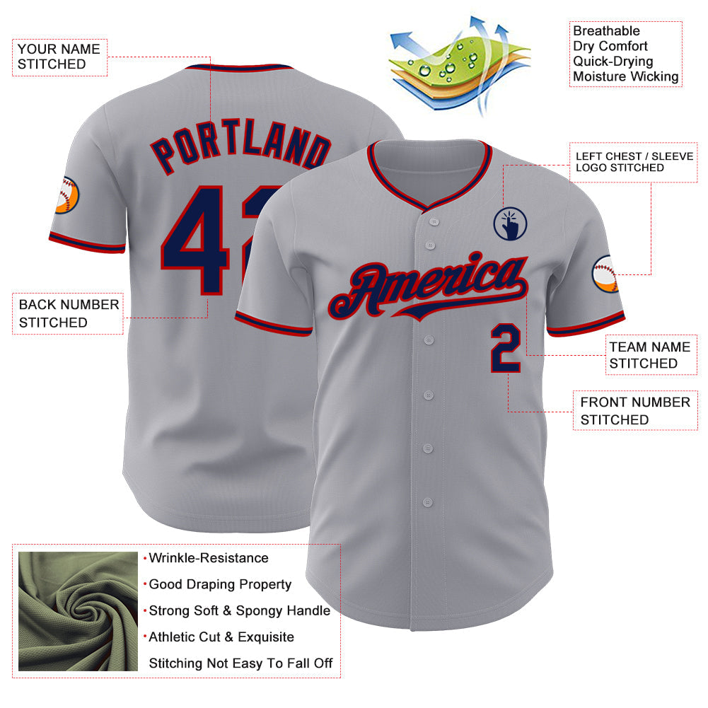 Custom Gray Navy-Red Authentic Baseball Jersey