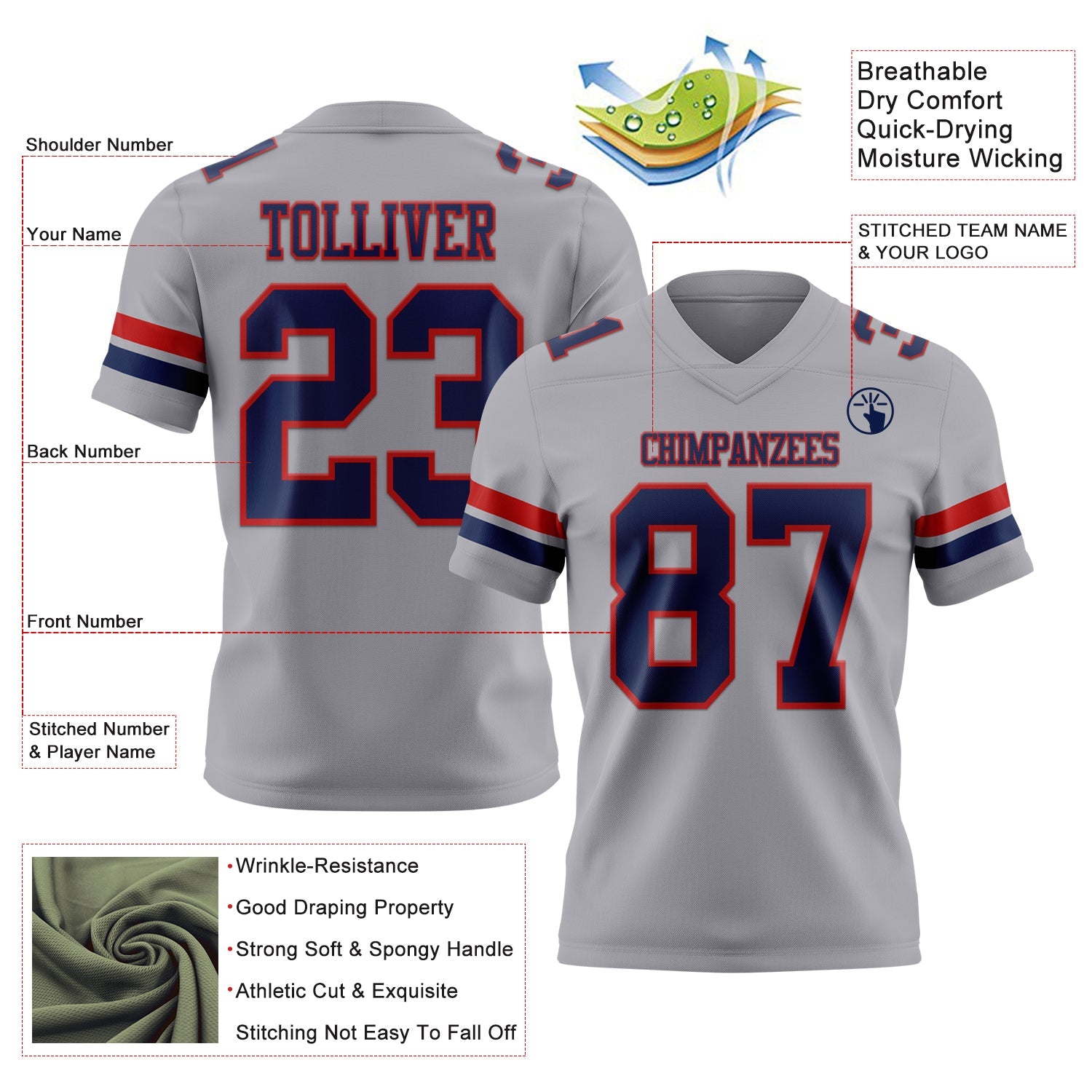 Custom Gray Navy-Red Authentic Football Jersey