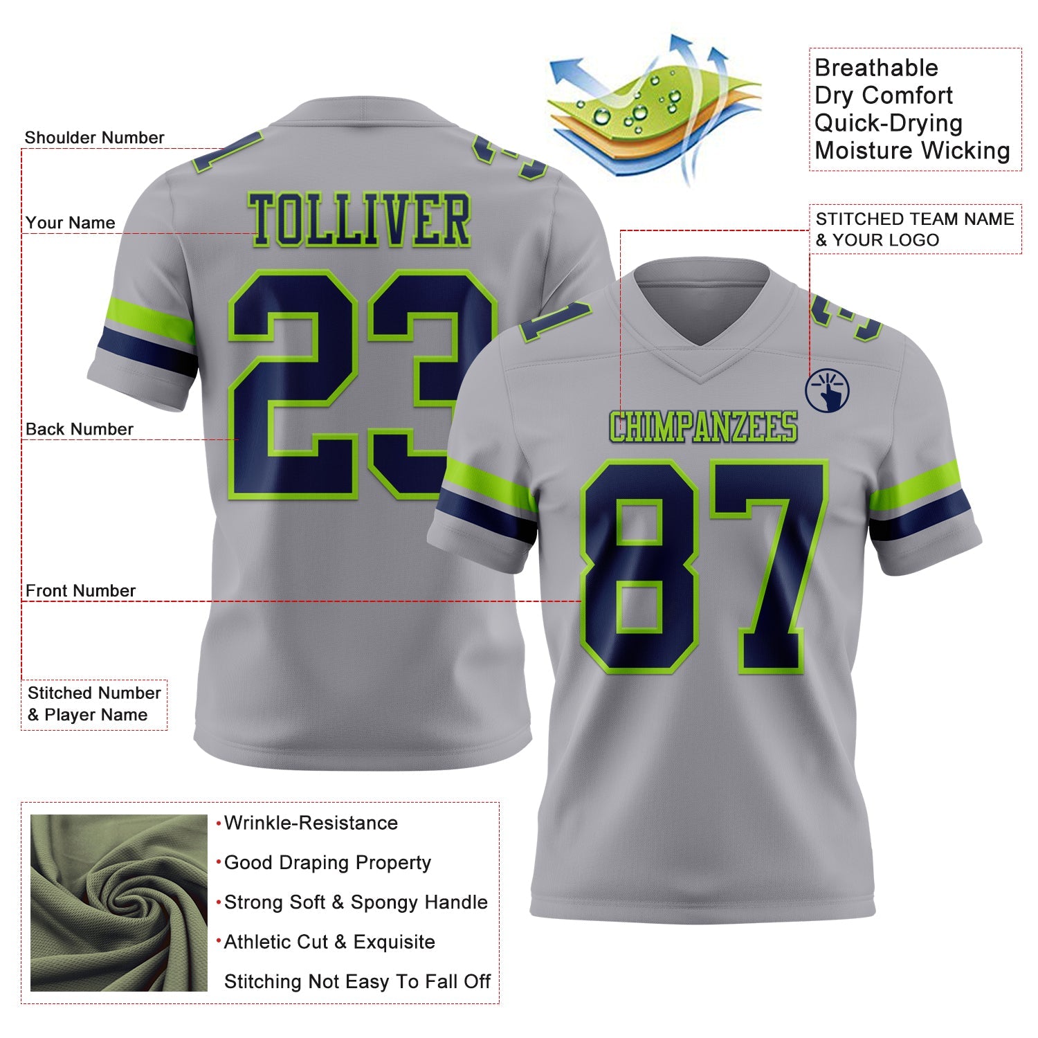 Custom Gray Navy-Neon Green Authentic Football Jersey