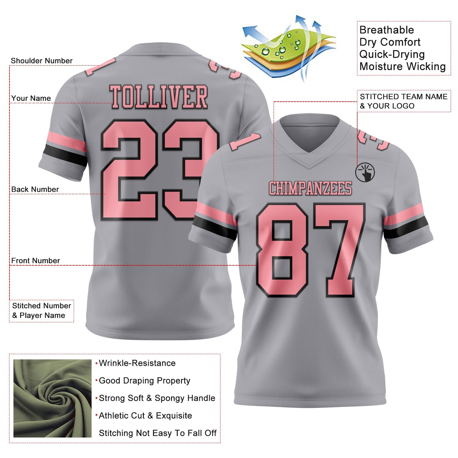 Custom Gray Medium Pink-Black Authentic Football Jersey