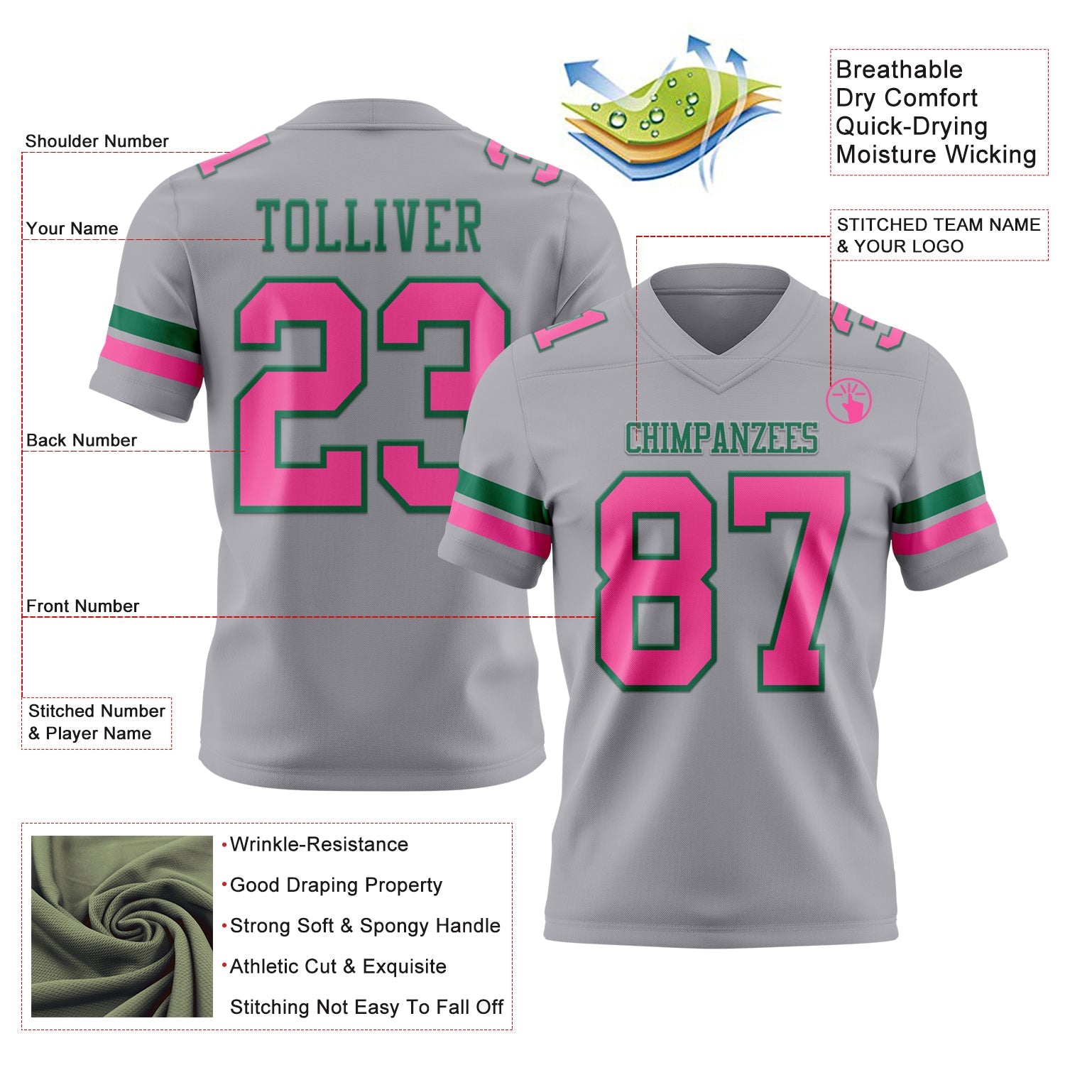 Custom Gray Pink-Kelly Green Authentic Football Jersey