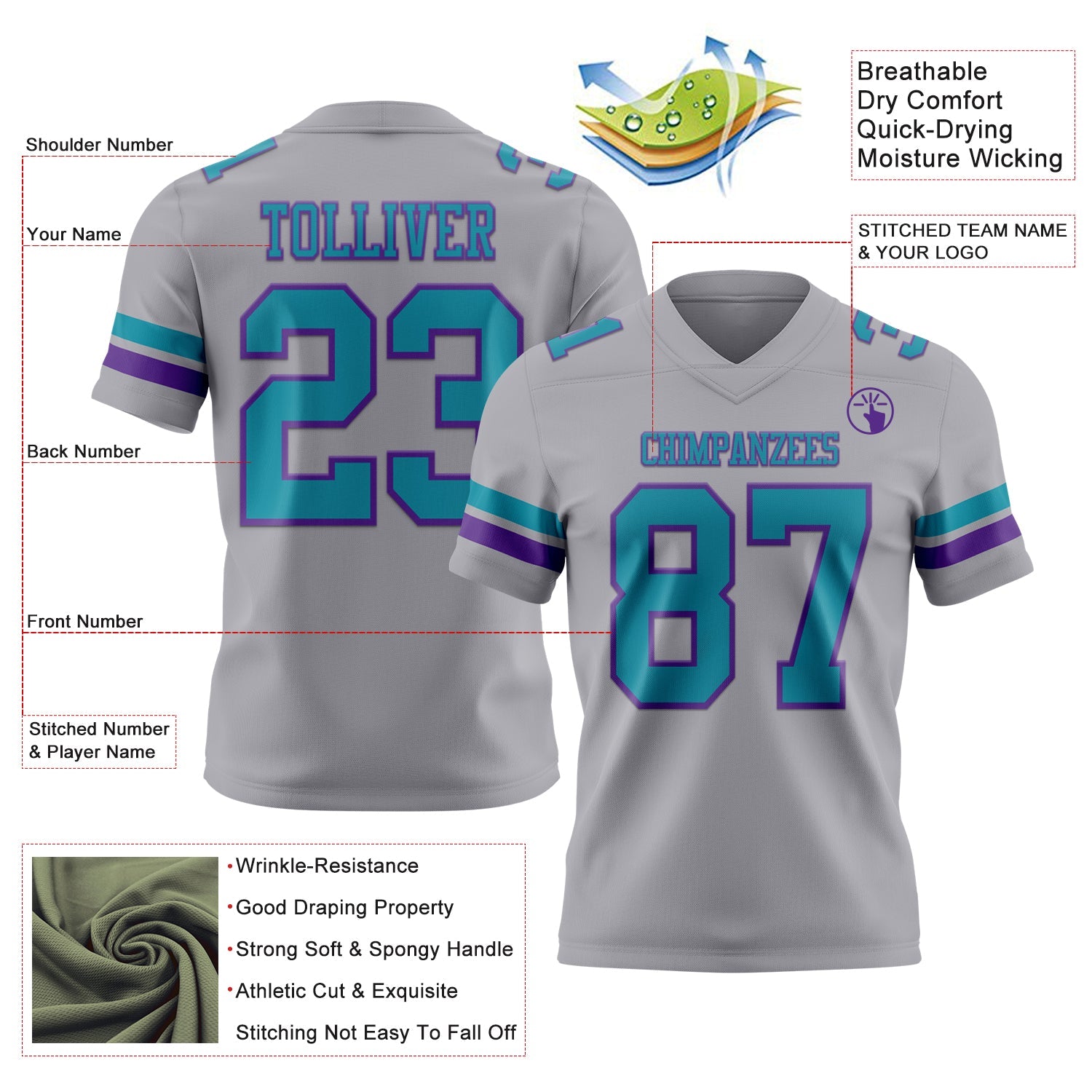 Custom Gray Teal-Purple Authentic Football Jersey