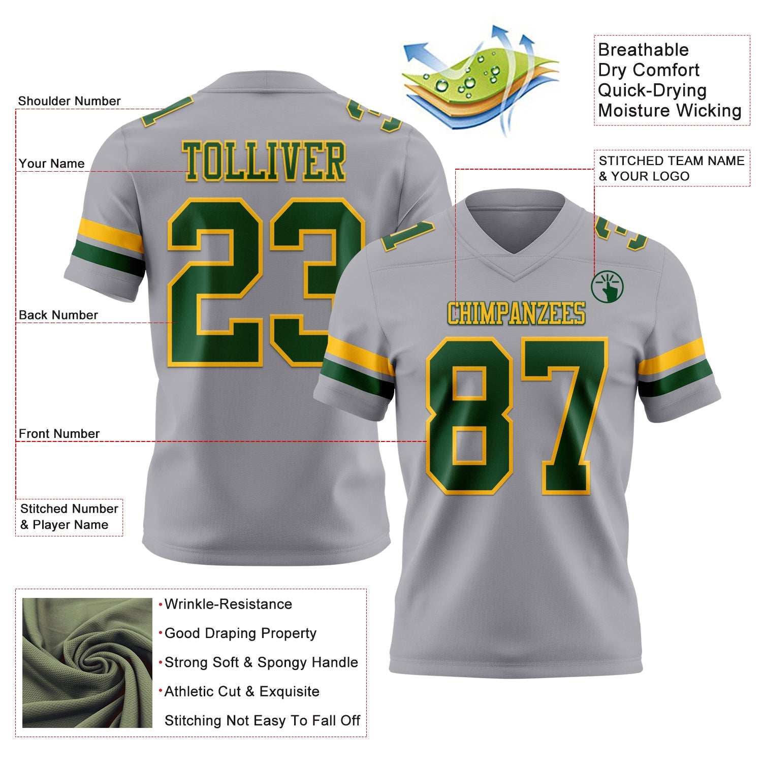 Custom Gray Green-Gold Authentic Football Jersey