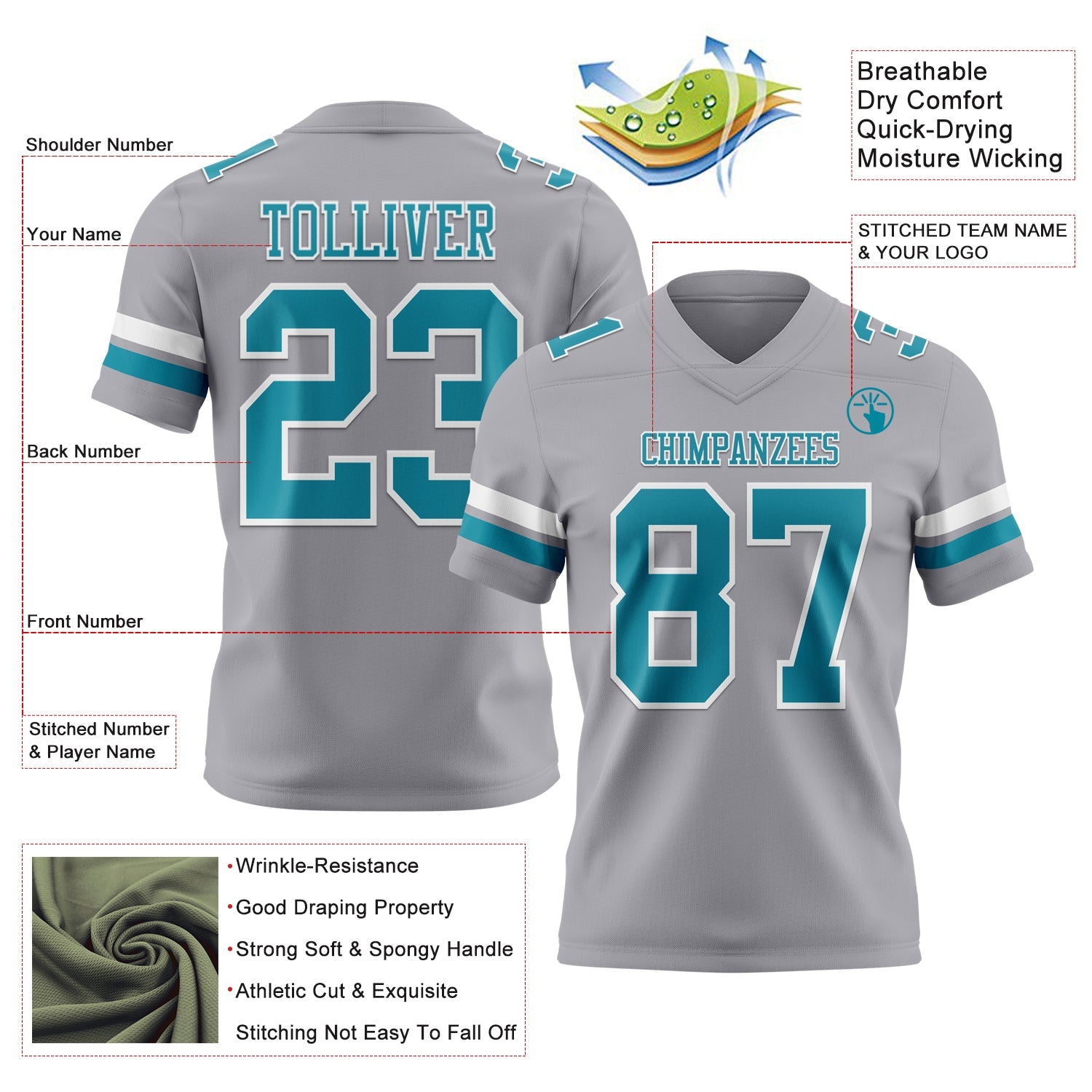Custom Gray Teal-White Authentic Football Jersey