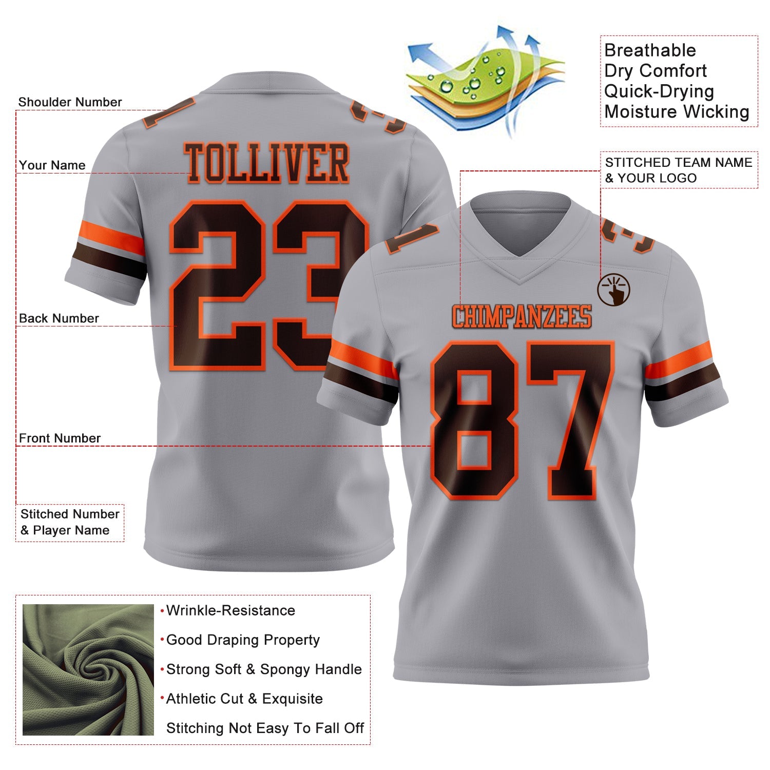 Custom Gray Brown-Orange Authentic Football Jersey