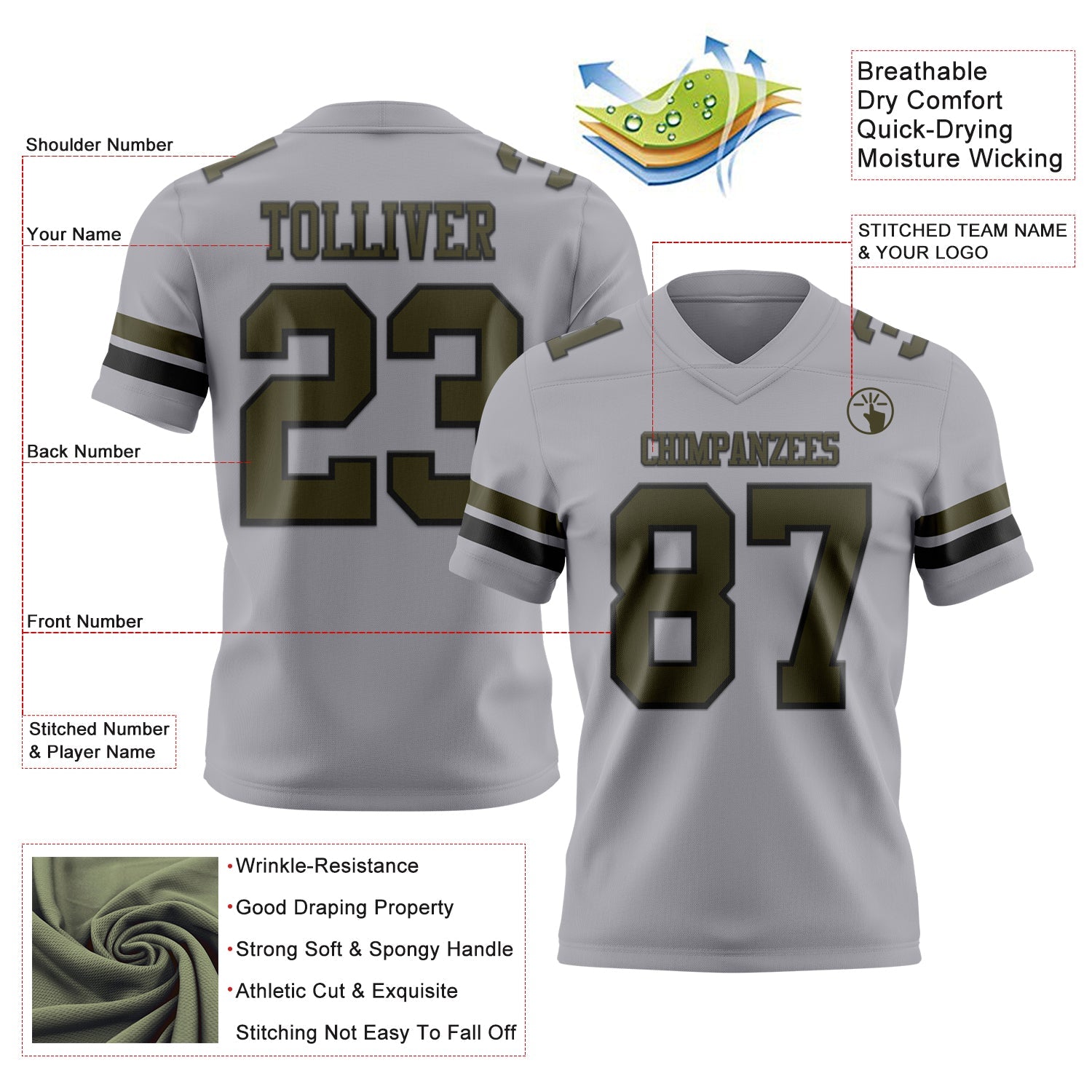 Custom Gray Olive-Black Authentic Football Jersey
